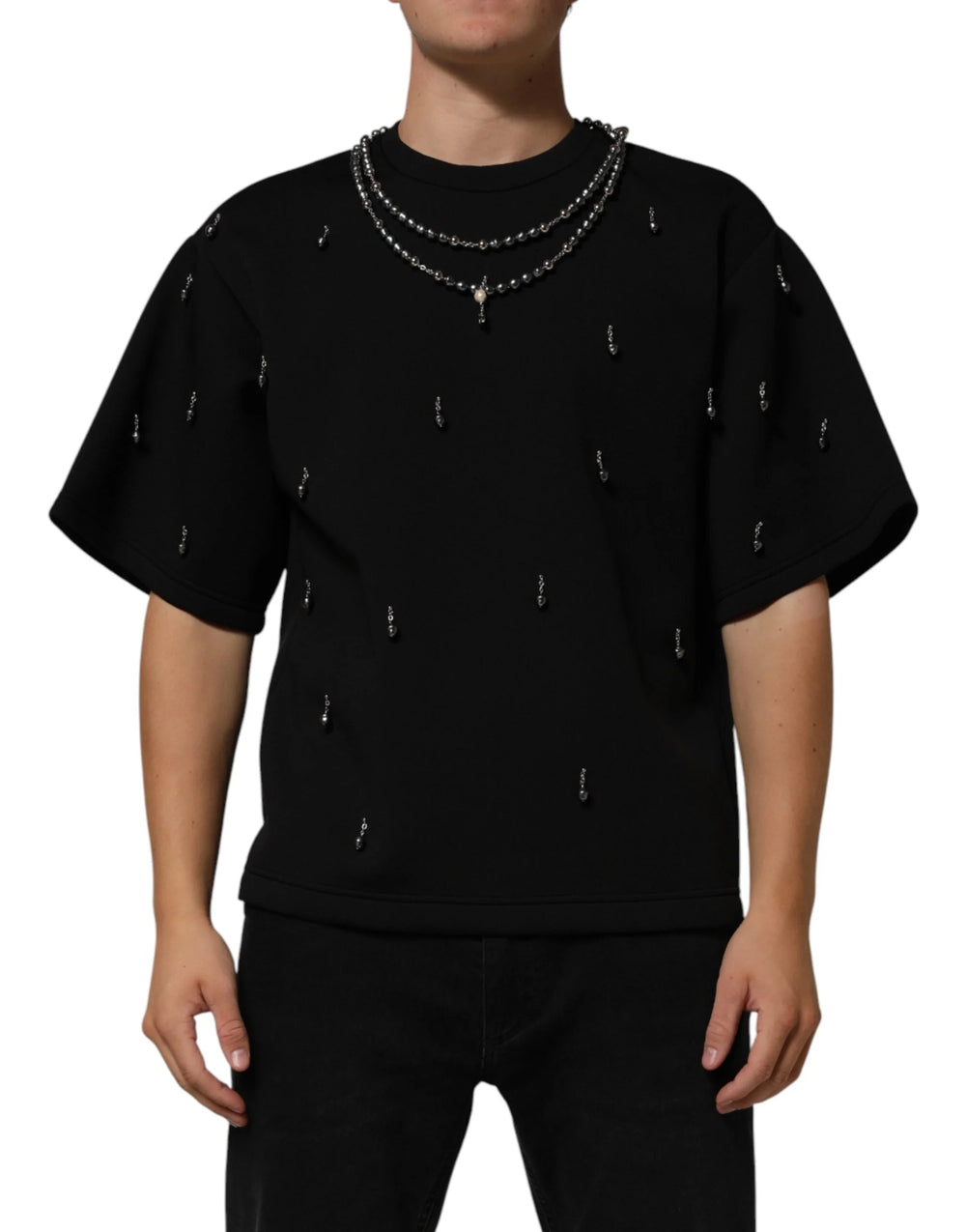 Dolce & Gabbana Black Polyester Necklace Embellished T-shirt - IT46 | S - T-Shirts