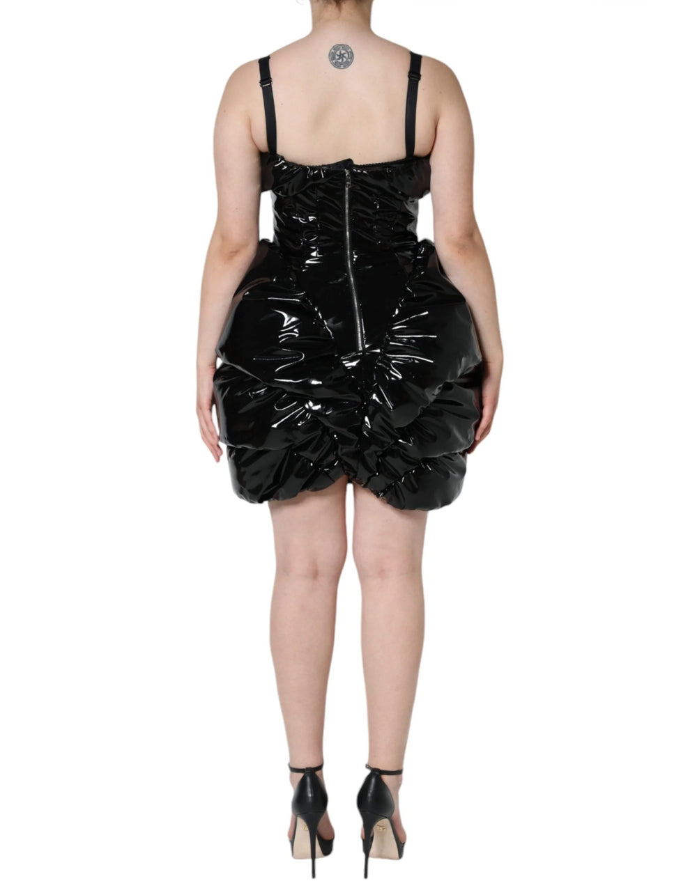 Dolce & Gabbana Black Polyester Ruched Coated Mini Dress - Dresses