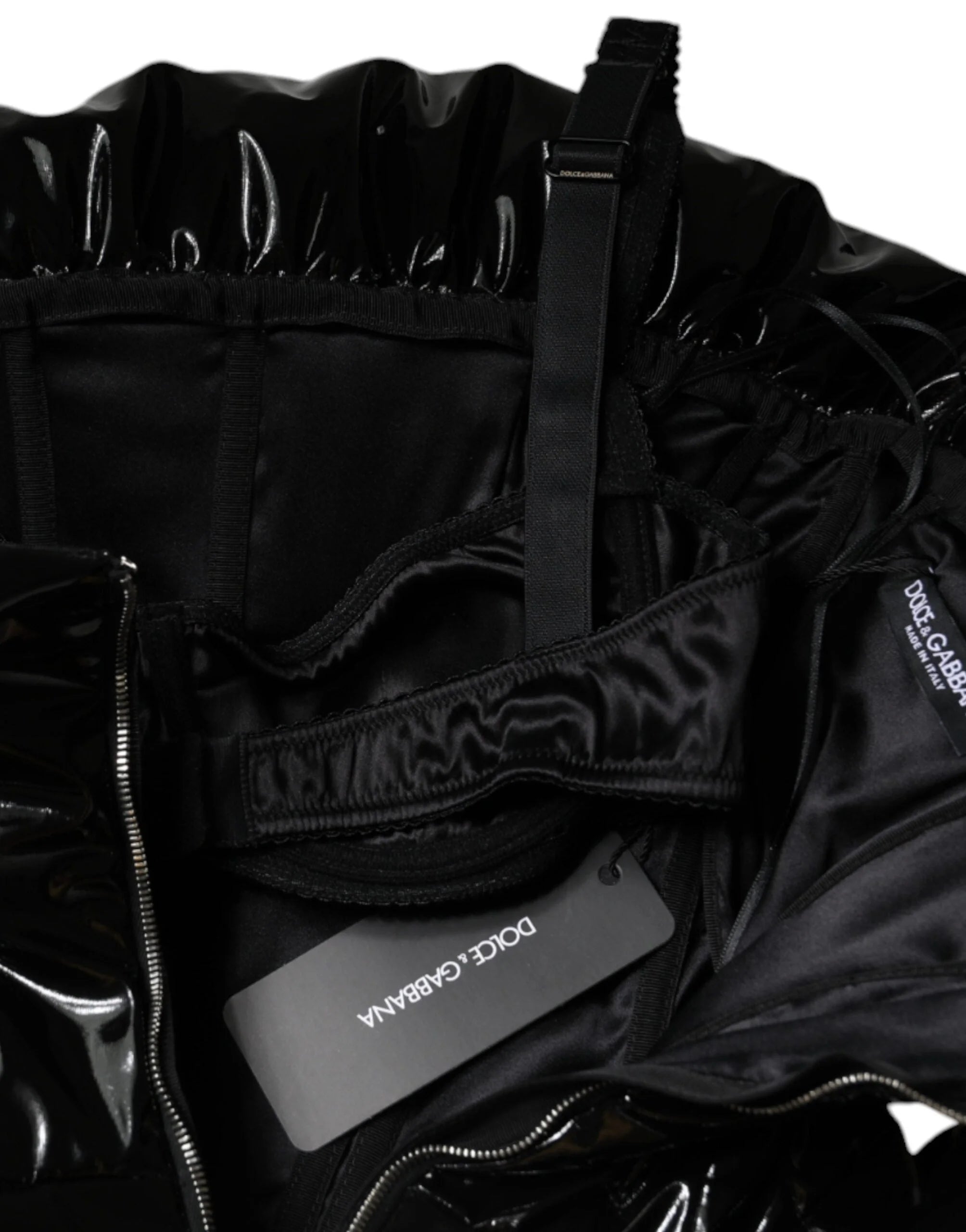 Dolce & Gabbana Black Polyester Ruched Coated Mini Dress - Dresses