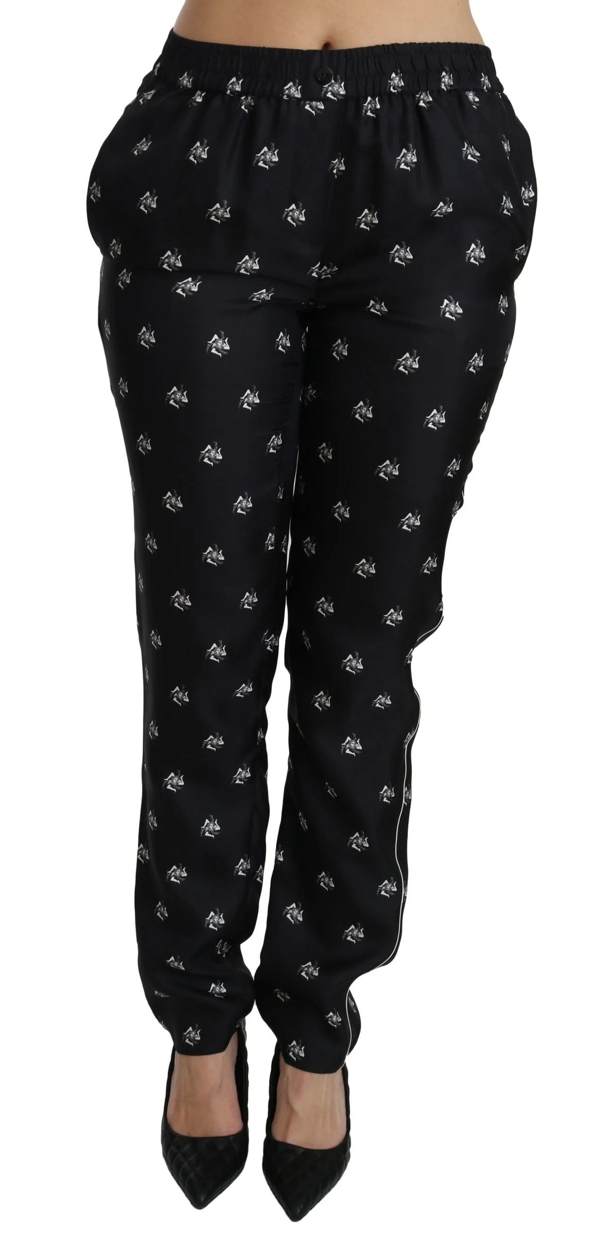 Dolce & Gabbana Black Printed Mid Waist Skinny Silk Pants - Trousers