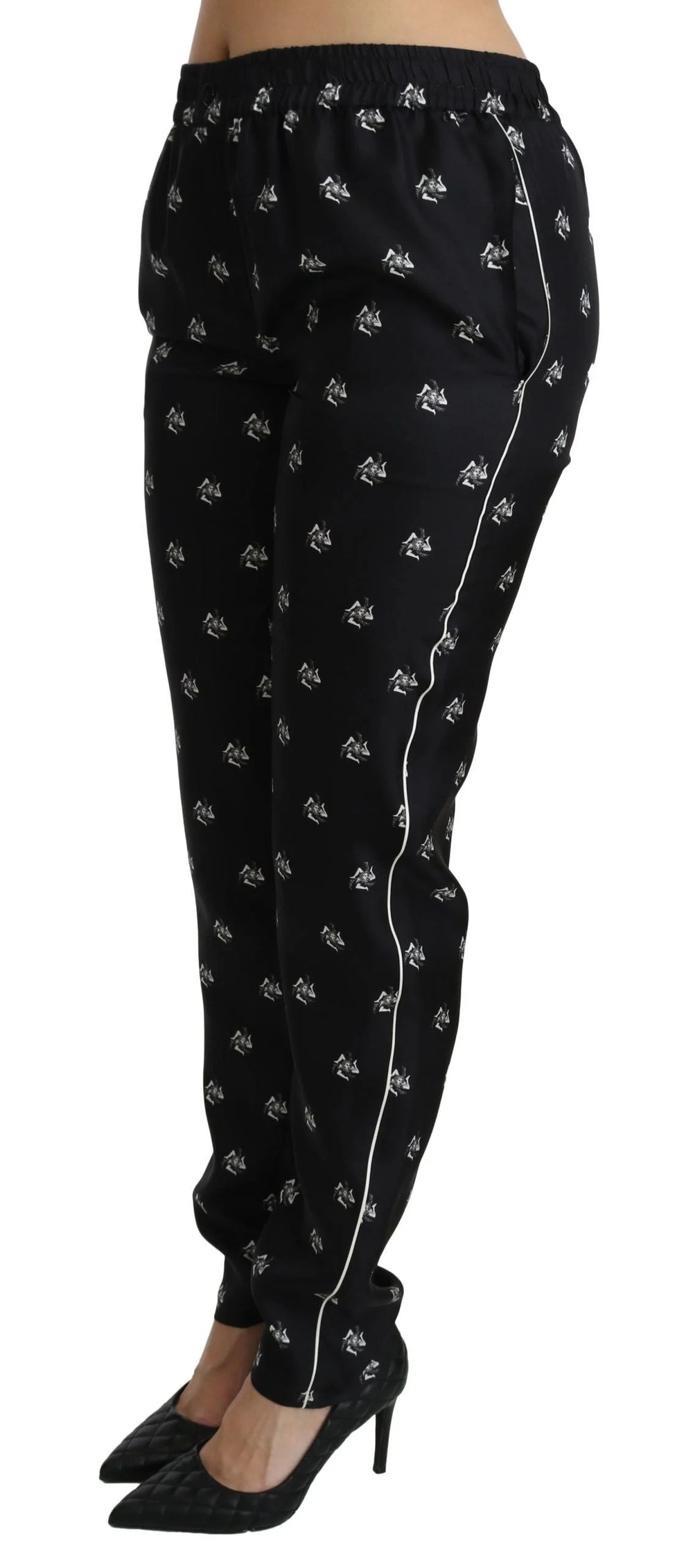Dolce & Gabbana Black Printed Mid Waist Skinny Silk Pants - Trousers