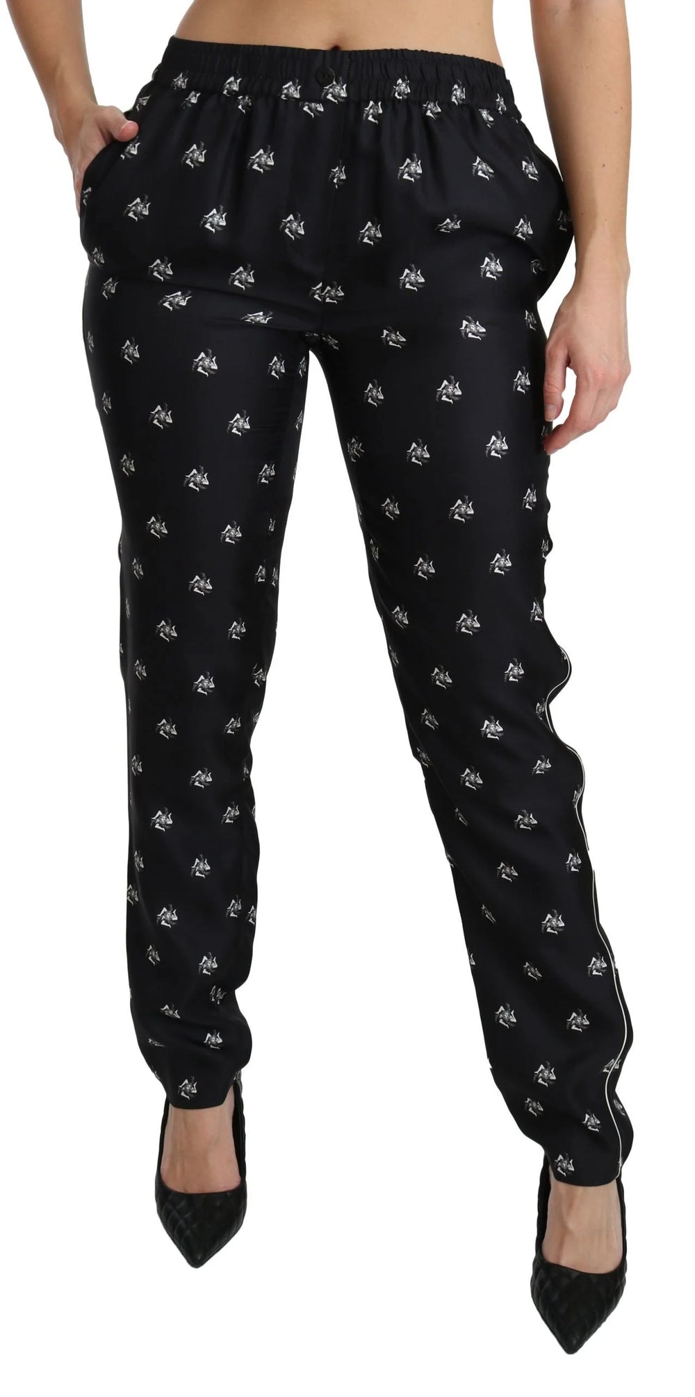Dolce & Gabbana Black Printed Mid Waist Skinny Silk Pants - Trousers