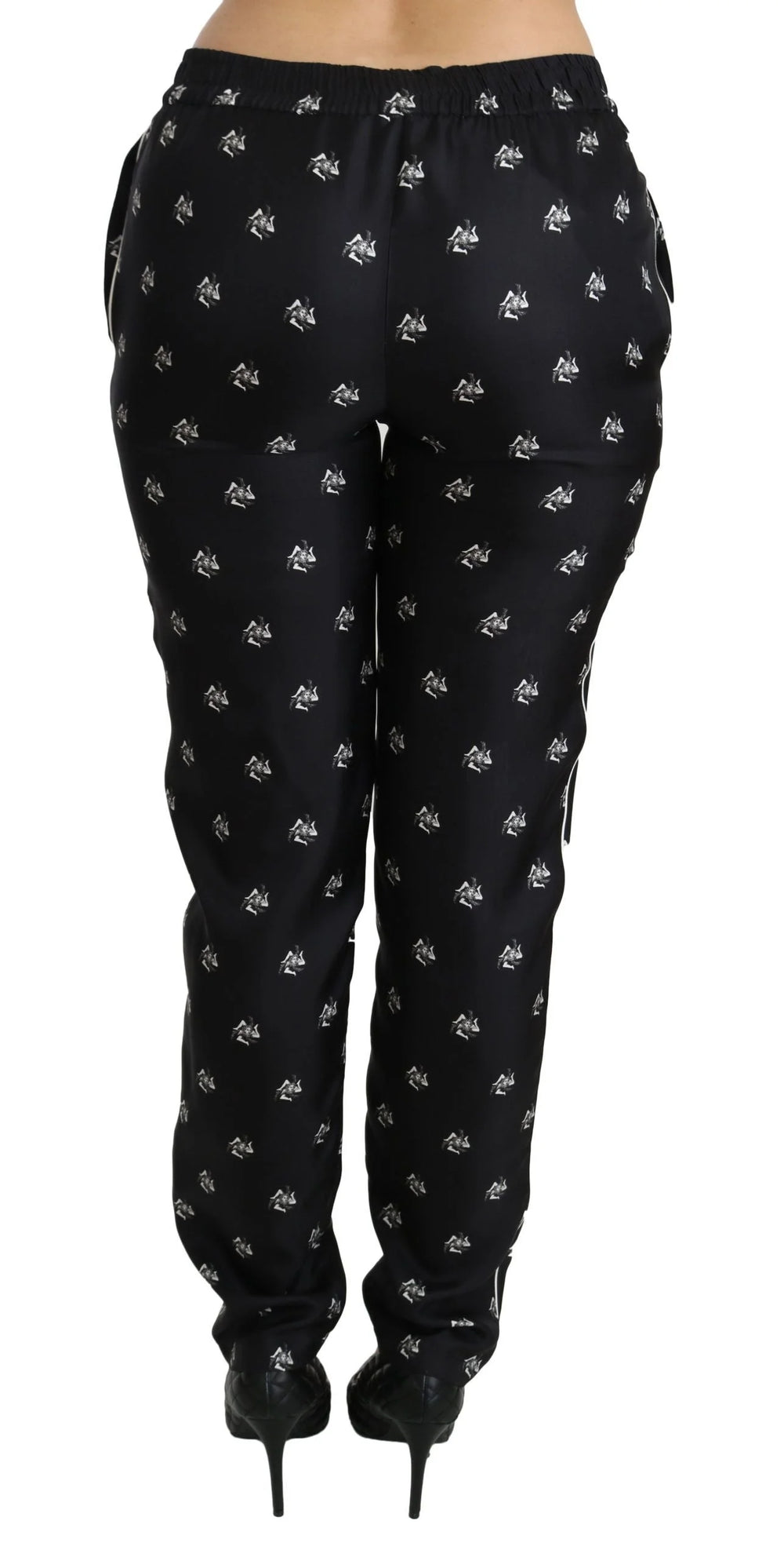Dolce & Gabbana Black Printed Mid Waist Skinny Silk Pants - Trousers