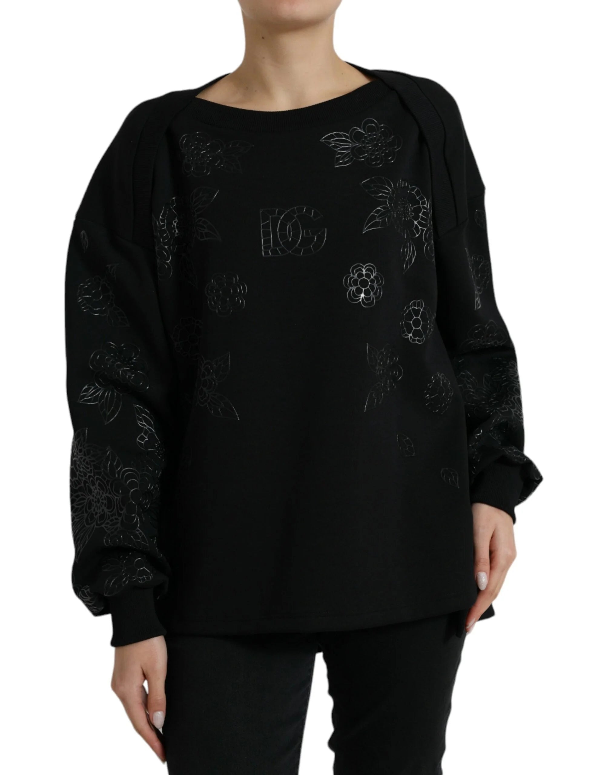 Dolce & Gabbana Black Pullover Floral Logo Applique Sweater - IT40|S - Sweaters