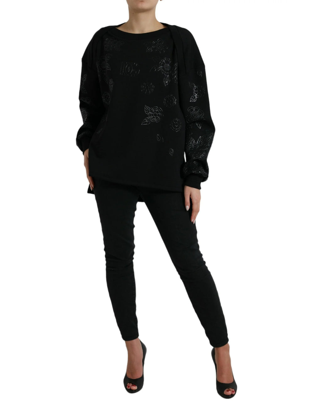 Dolce & Gabbana Black Pullover Floral Logo Applique Sweater - IT40|S - Sweaters