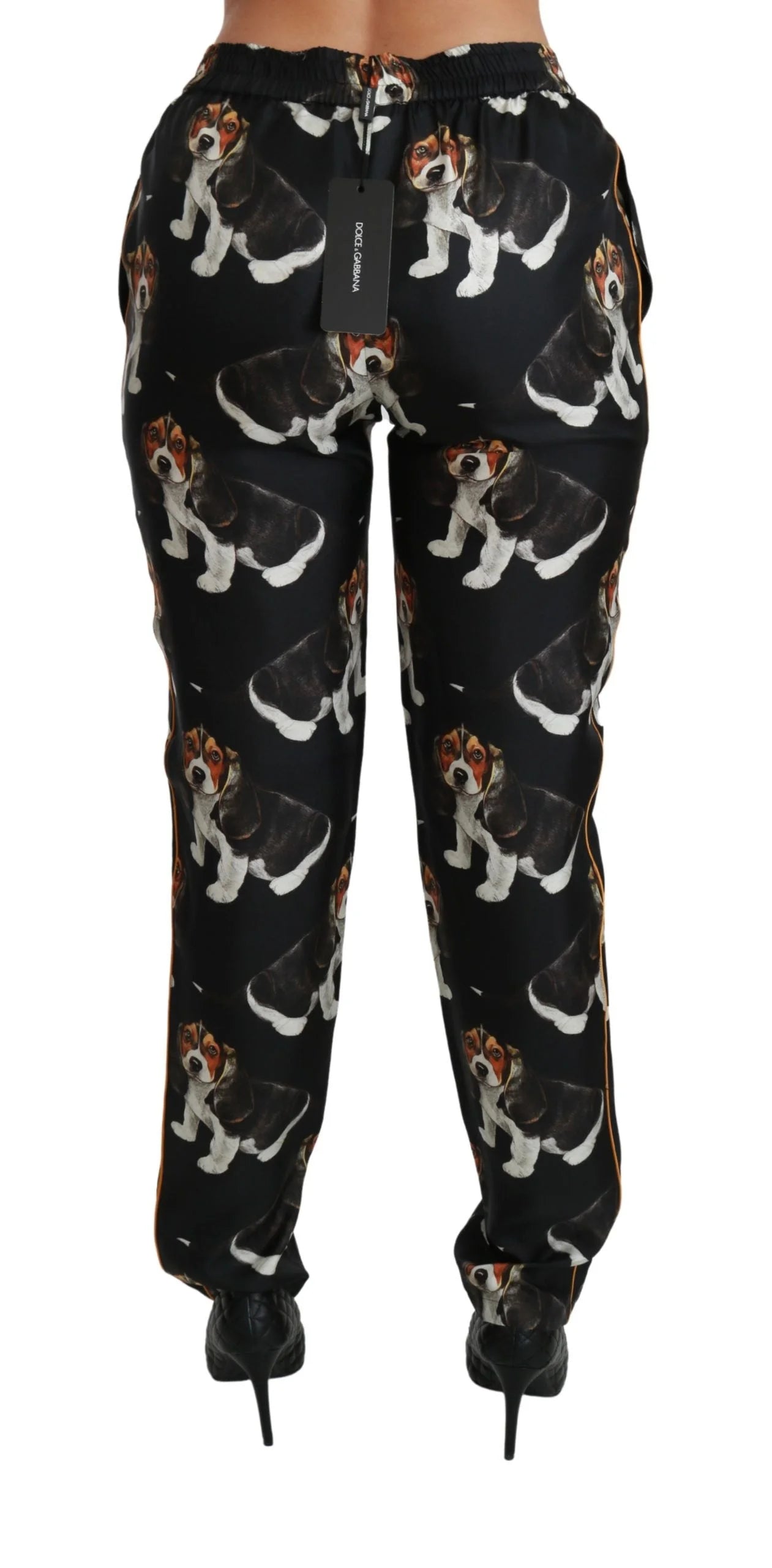 Dolce & Gabbana Black Puppy Dog Mid Waist Skinny Silk Pants - IT42|M - Trousers