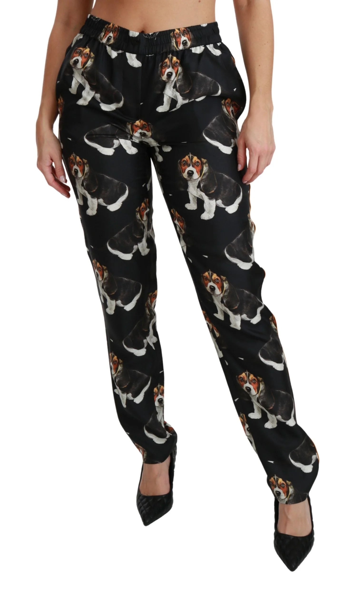Dolce & Gabbana Black Puppy Dog Mid Waist Skinny Silk Pants - IT42|M - Trousers