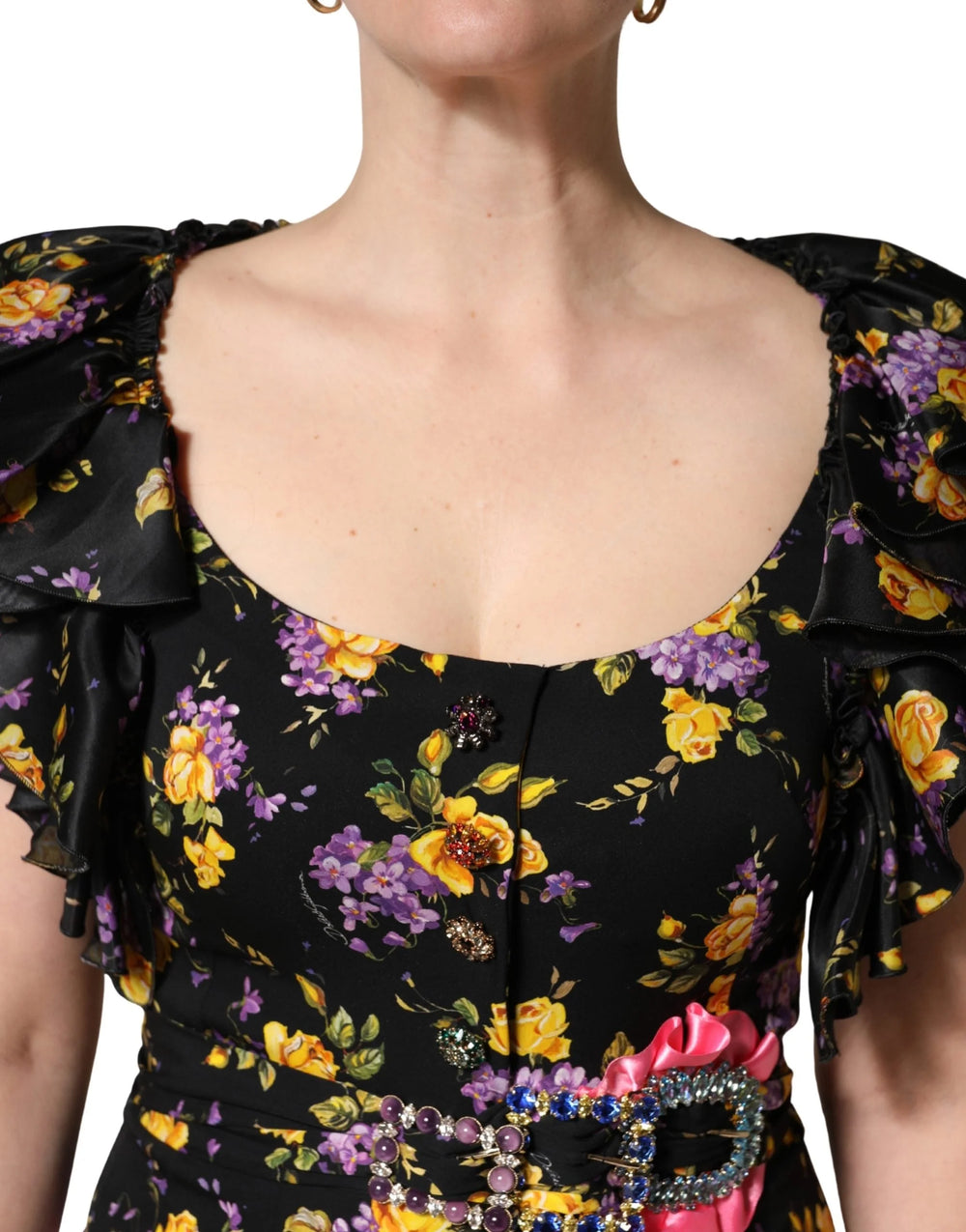 Dolce & Gabbana Black Purple Crystal Brooch Silk Midi Dress - IT42|M