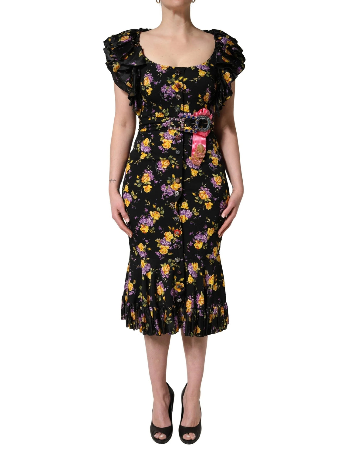 Dolce & Gabbana Black Purple Crystal Brooch Silk Midi Dress - IT42|M