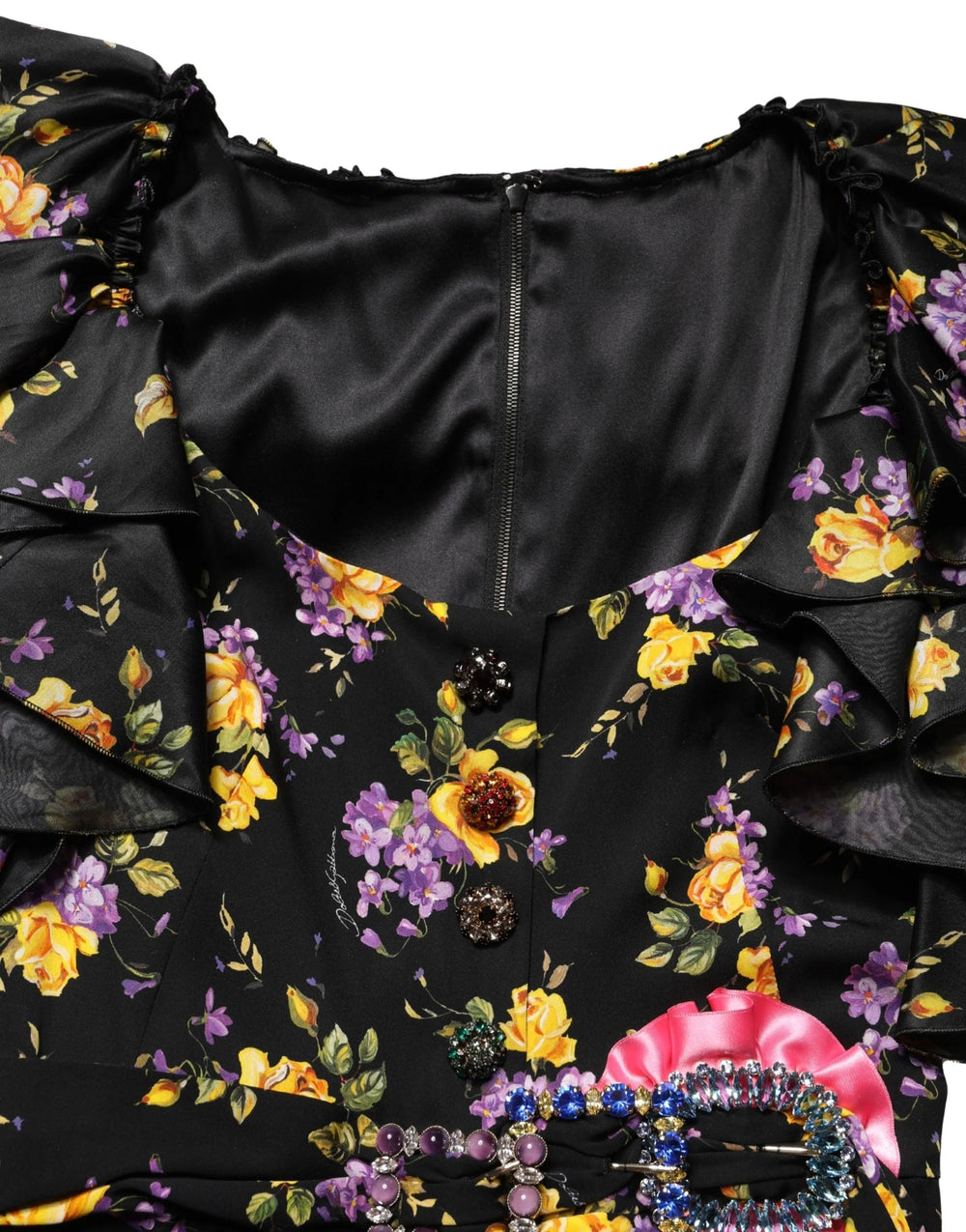 Dolce & Gabbana Black Purple Crystal Brooch Silk Midi Dress - IT42|M