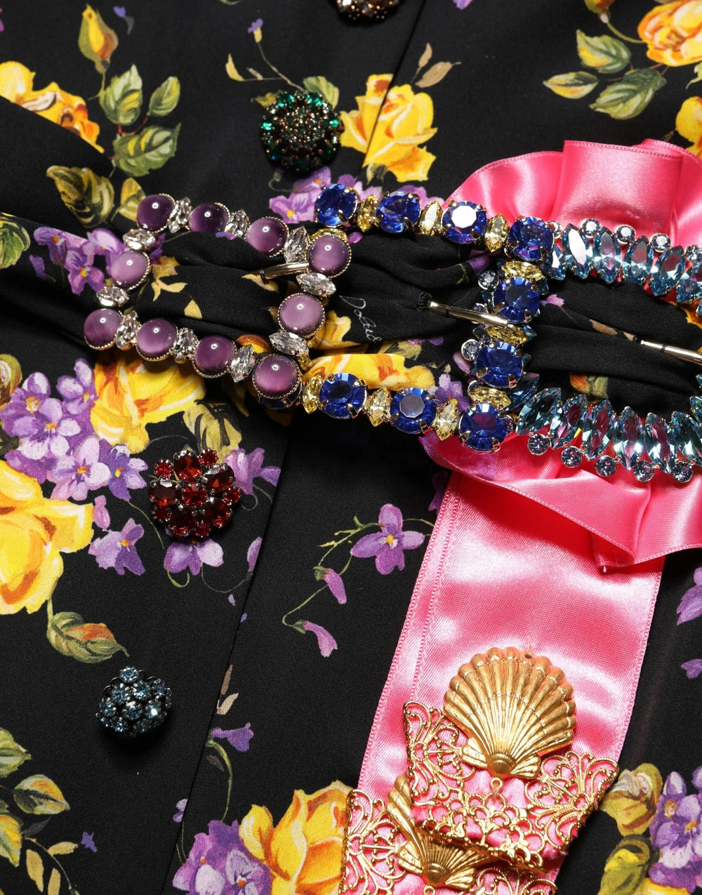 Dolce & Gabbana Black Purple Crystal Brooch Silk Midi Dress - IT42|M
