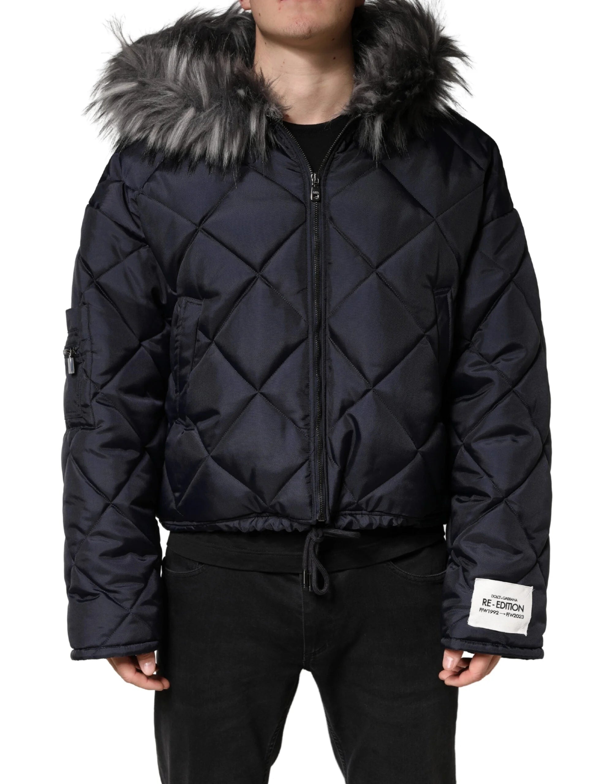 Dolce & Gabbana Black Quilted Fur Shearling Hooded Jacket