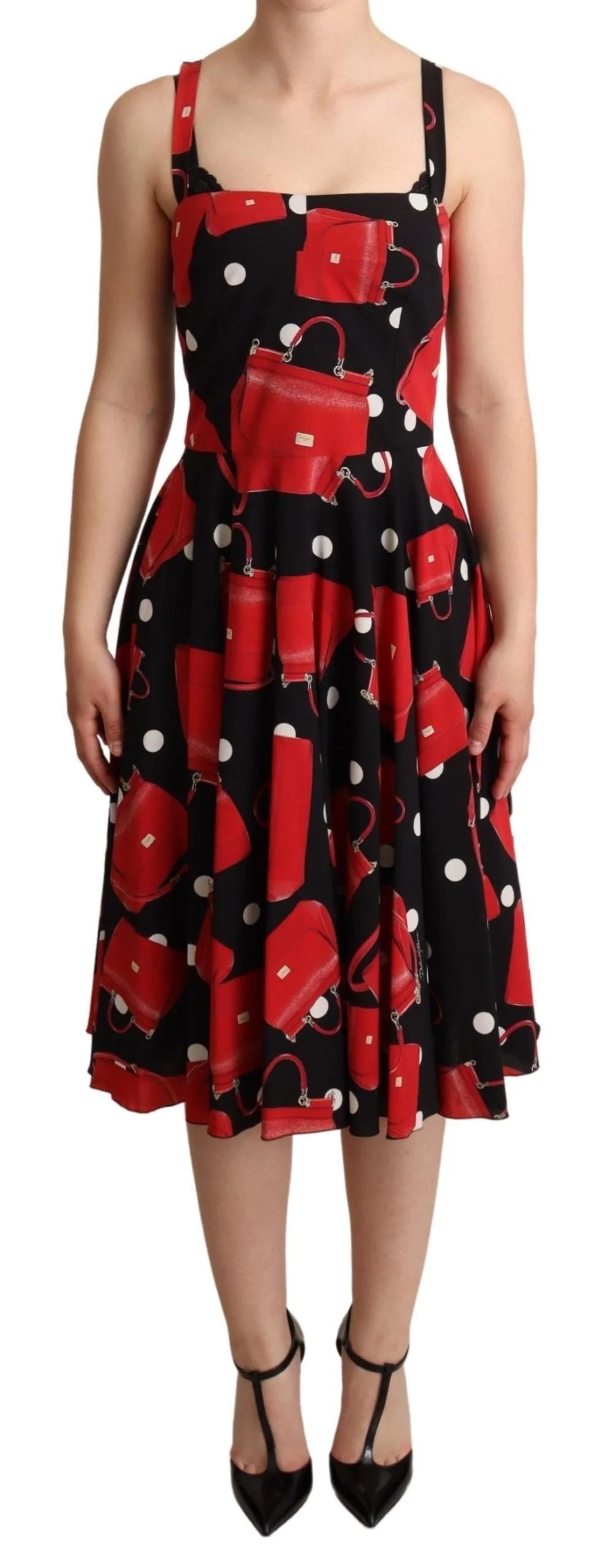 Dolce & Gabbana Black Red Bag Print A-line Mid Length Dress - Dresses