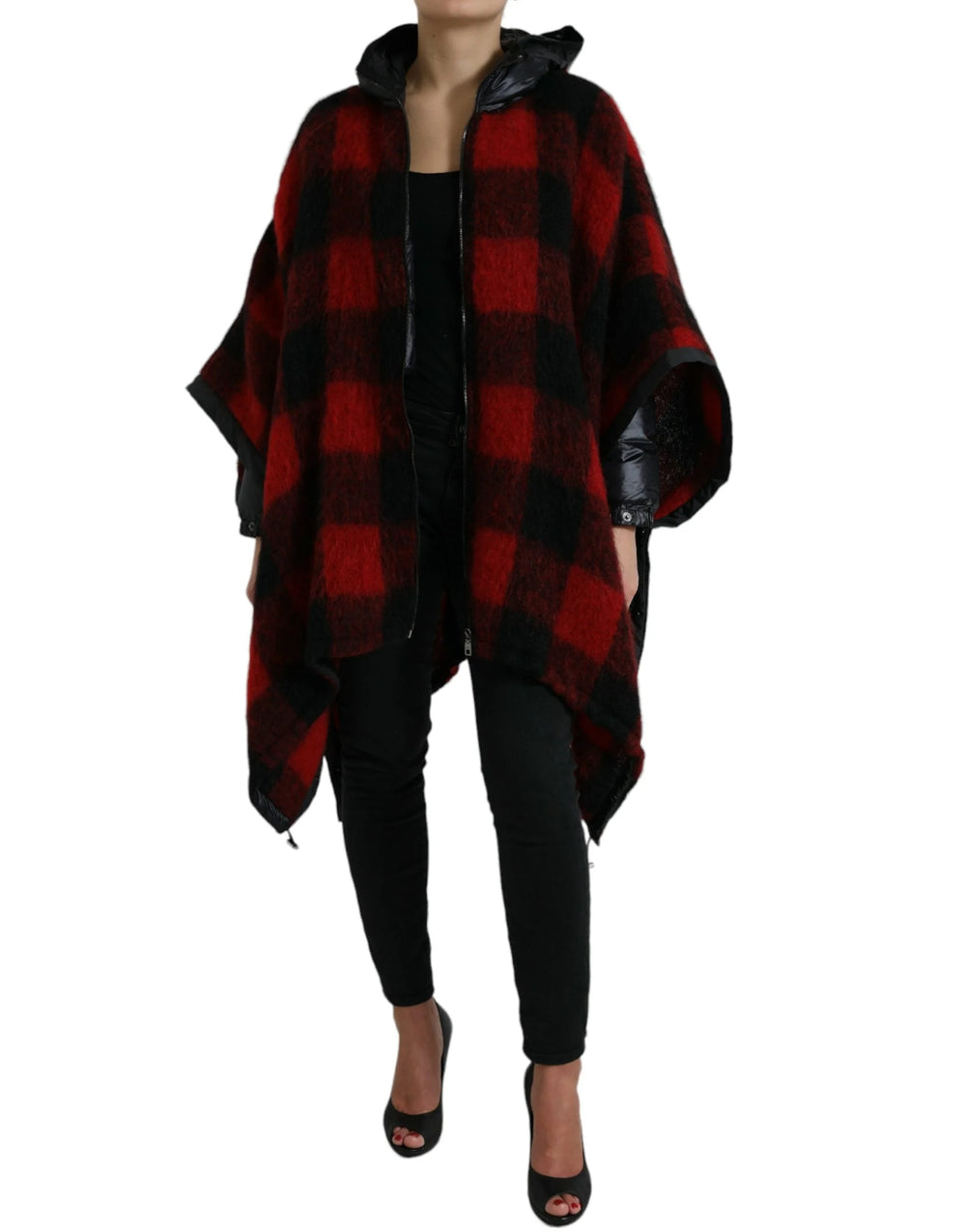 Dolce & Gabbana Black Red Buffalo Check Hooded Poncho Jacket - IT40|S - Capes