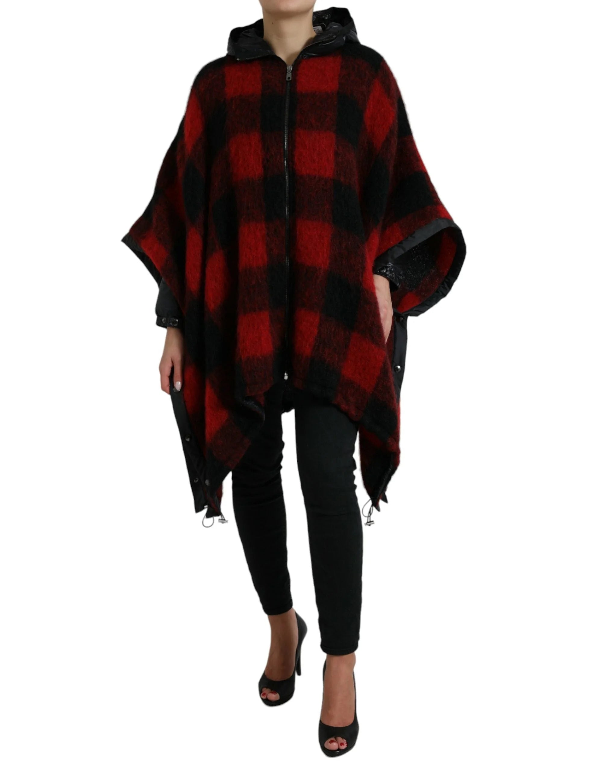 Dolce & Gabbana Black Red Buffalo Check Hooded Poncho Jacket - IT40|S - Capes