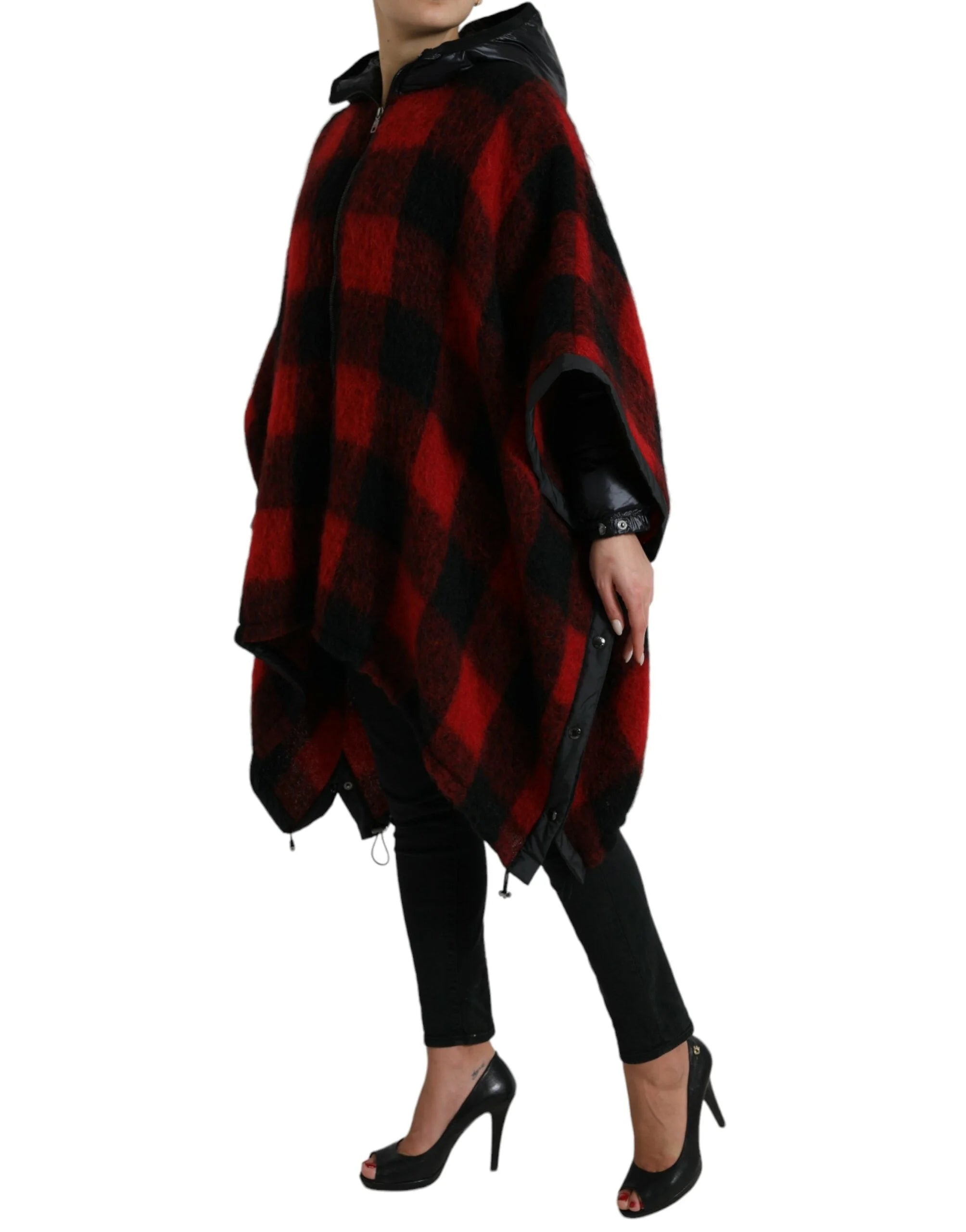 Dolce & Gabbana Black Red Buffalo Check Hooded Poncho Jacket - IT40|S - Capes