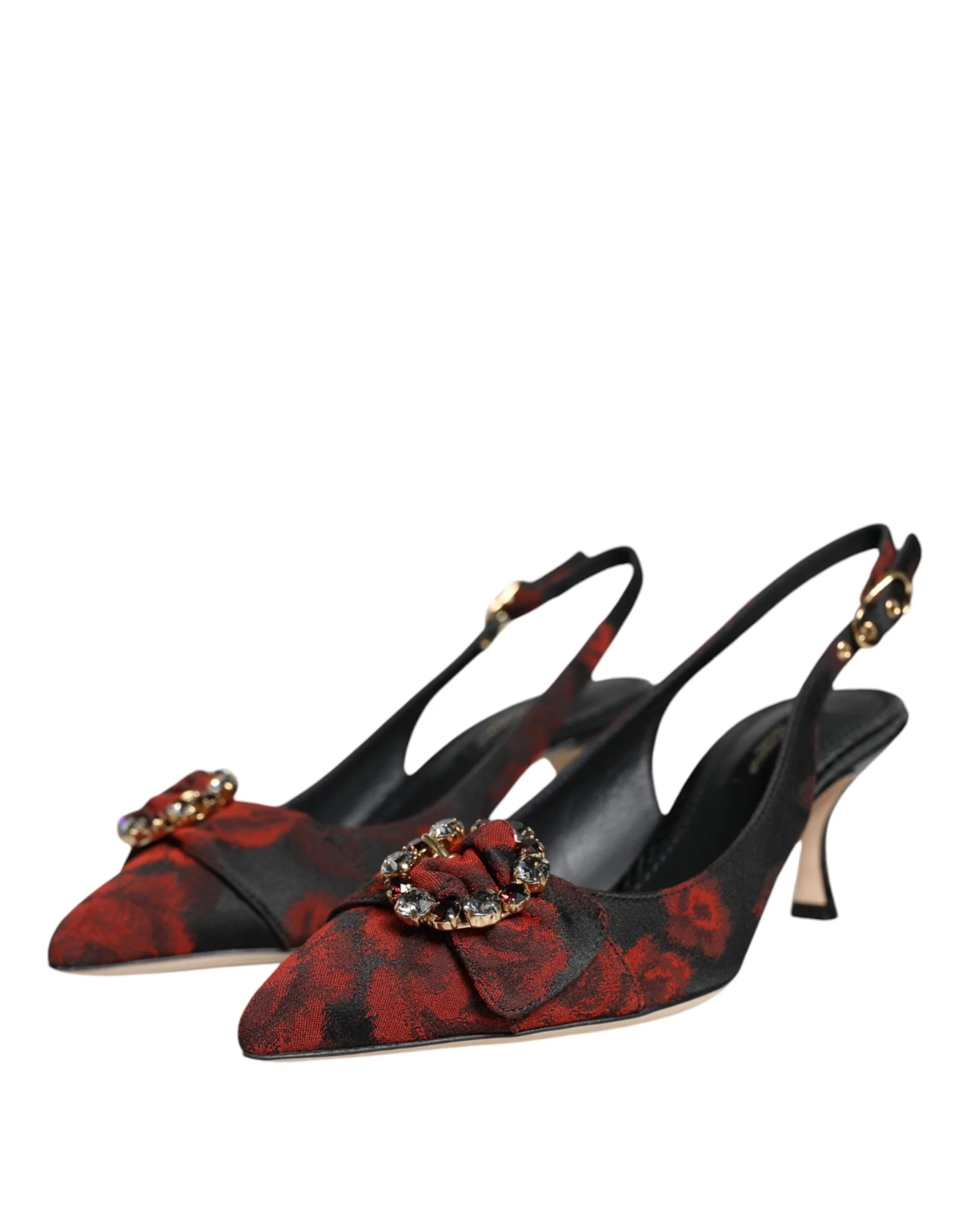 Dolce & Gabbana Black Red Floral Crystal Heel Slingback Shoes - Heels