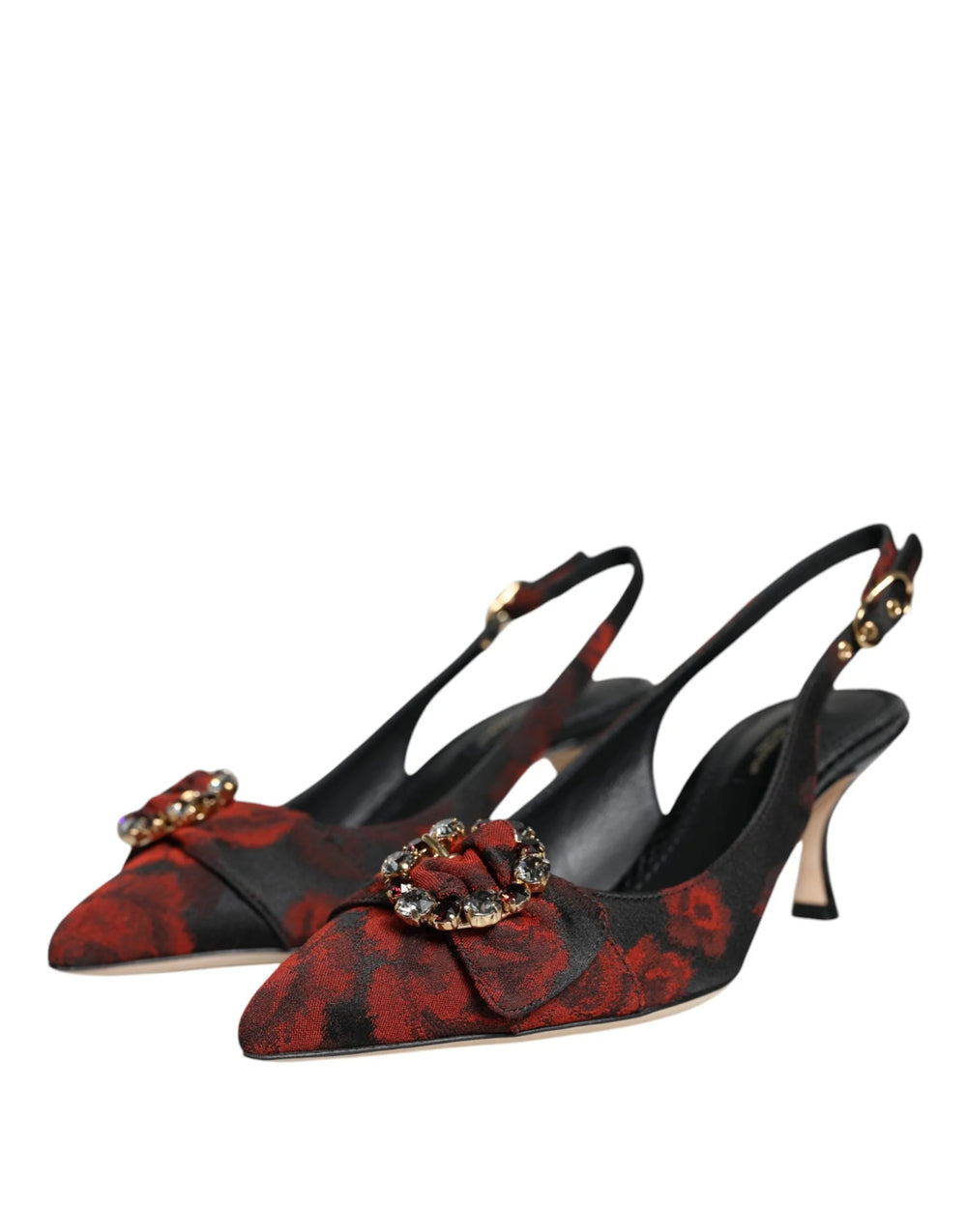 Dolce & Gabbana Black Red Floral Crystal Heel Slingback Shoes - Heels