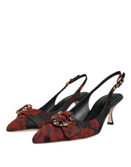 Dolce & Gabbana Black Red Floral Crystal Heel Slingback Shoes - Heels