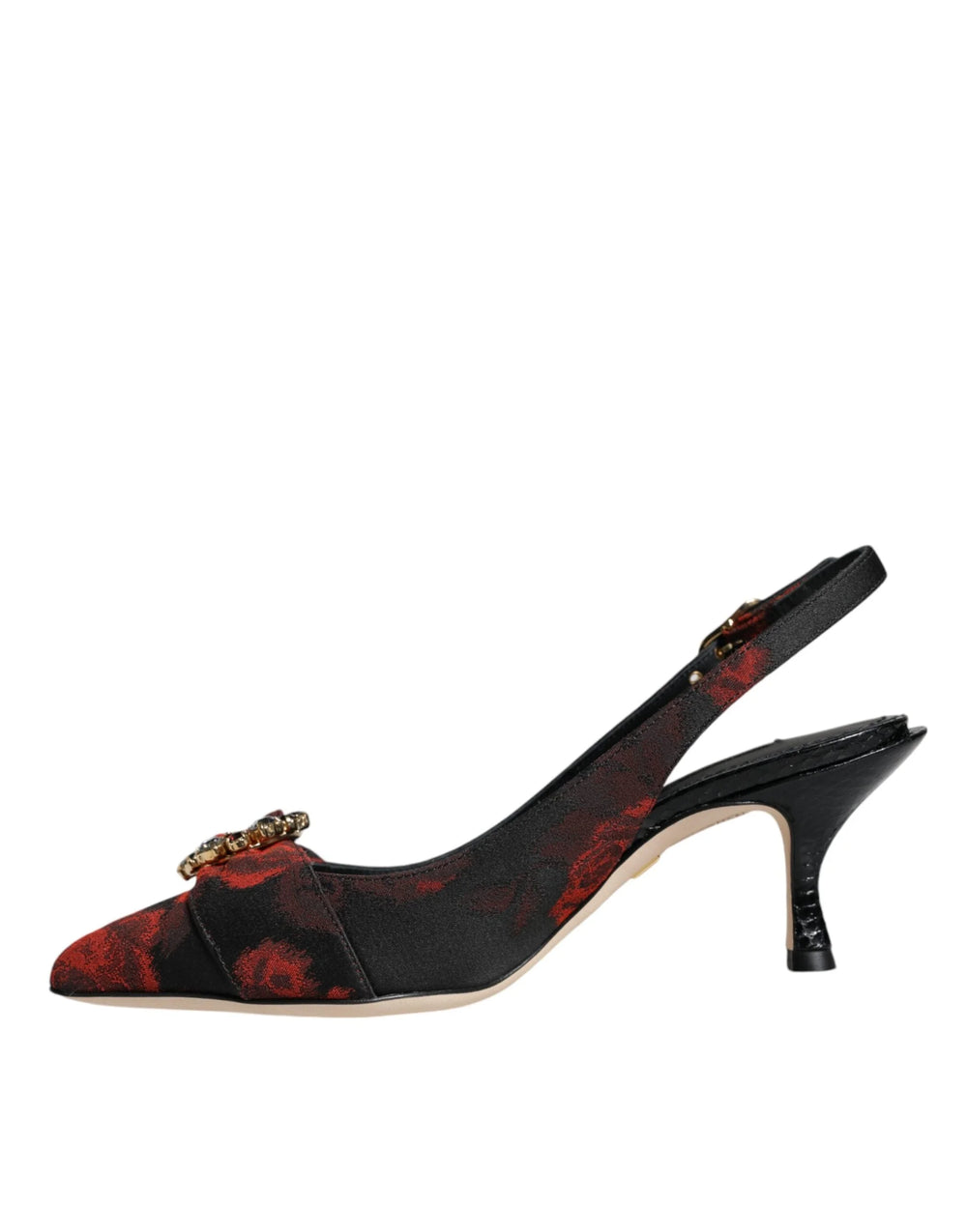 Dolce & Gabbana Black Red Floral Crystal Heel Slingback Shoes - Heels