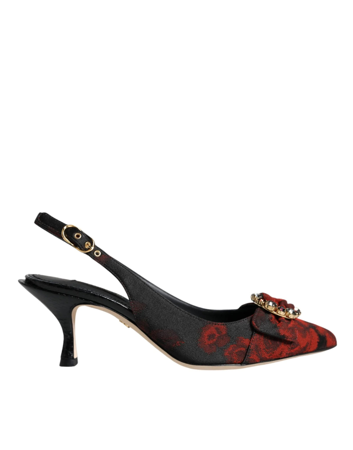 Dolce & Gabbana Black Red Floral Crystal Heel Slingback Shoes - Heels