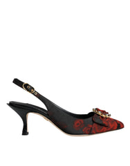 Dolce & Gabbana Black Red Floral Crystal Heel Slingback Shoes - Heels