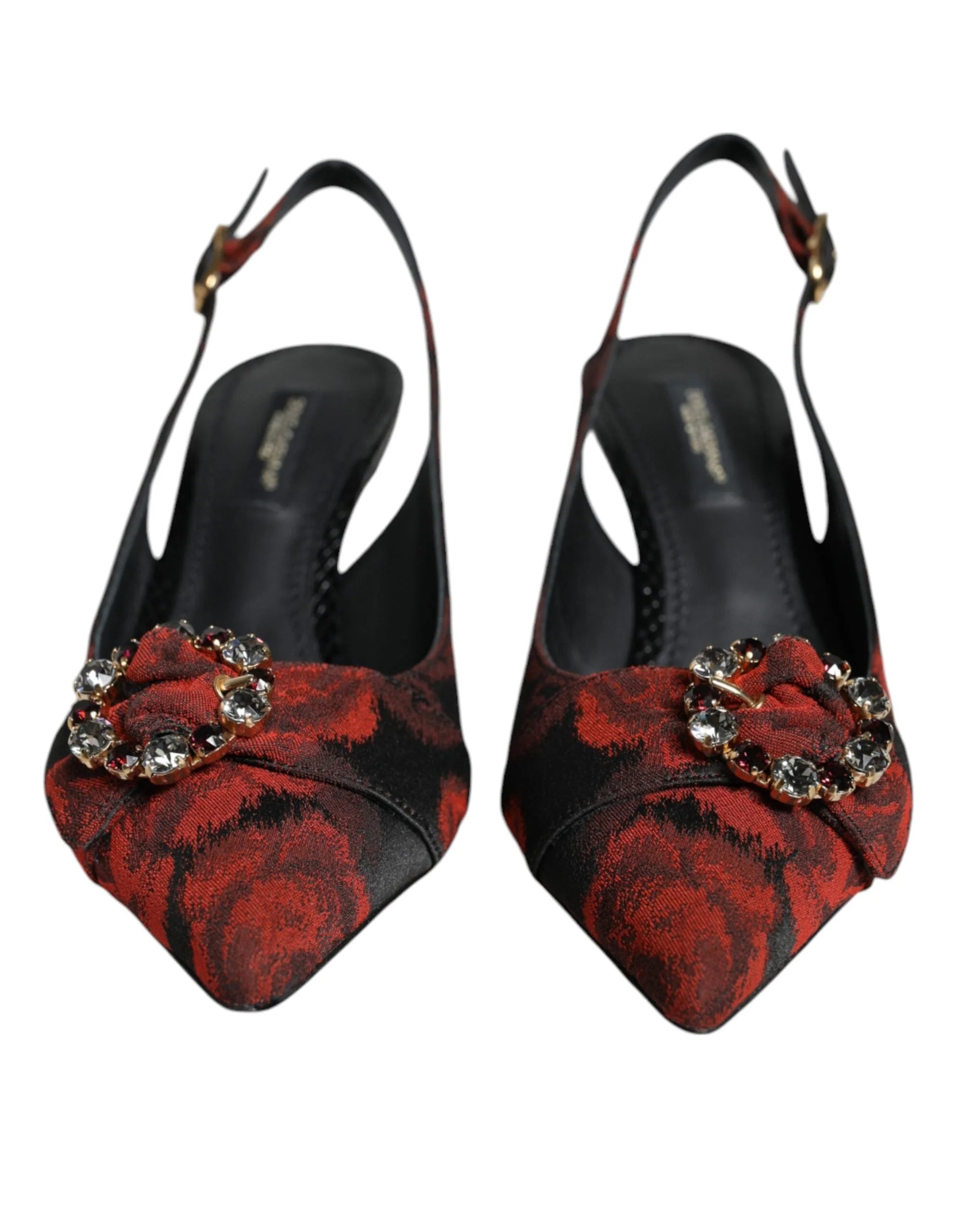 Dolce & Gabbana Black Red Floral Crystal Heel Slingback Shoes - Heels