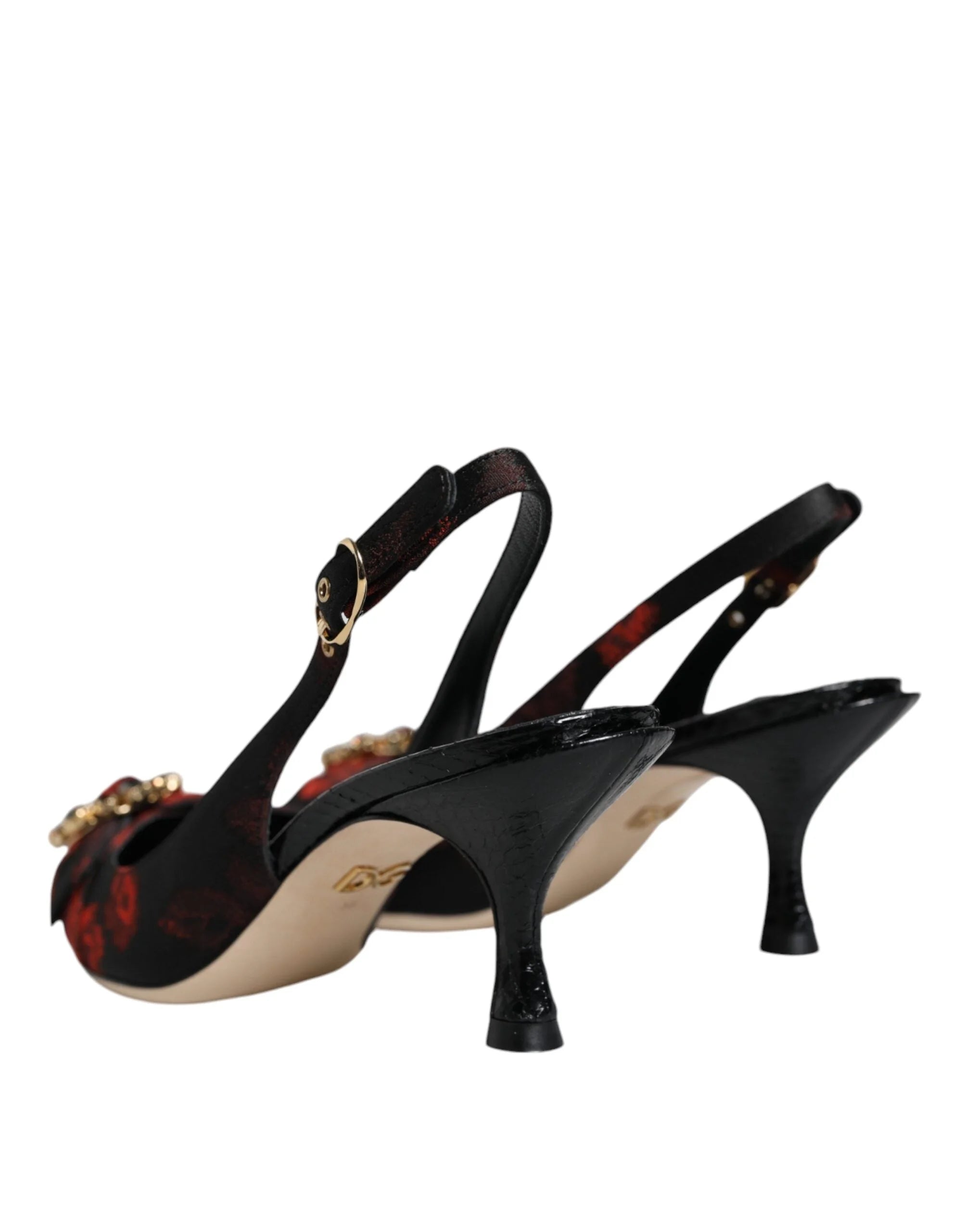 Dolce & Gabbana Black Red Floral Crystal Heel Slingback Shoes - Heels