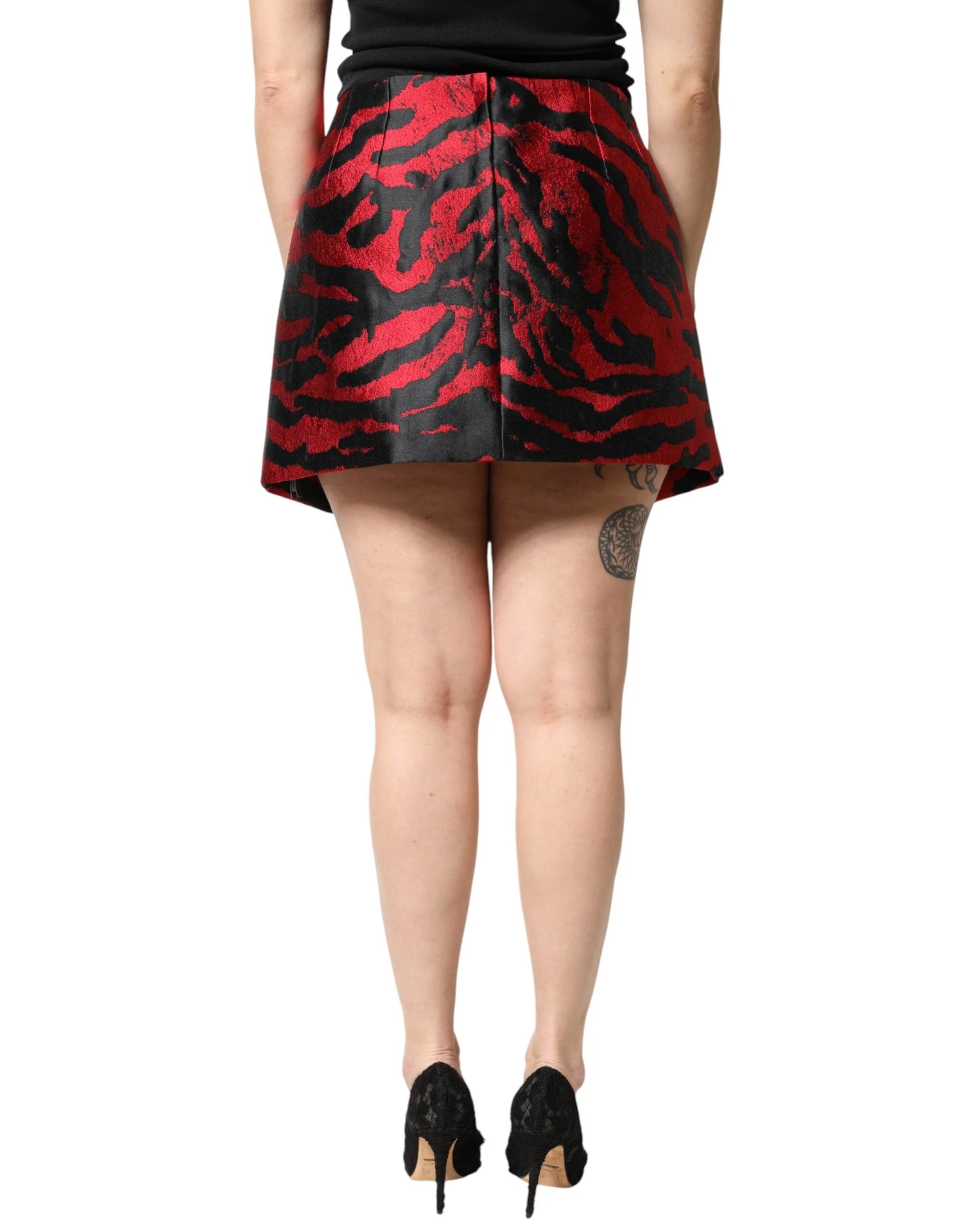 Dolce & Gabbana Black Red Jacquard High Waist Mini Skirt - IT46|XL
