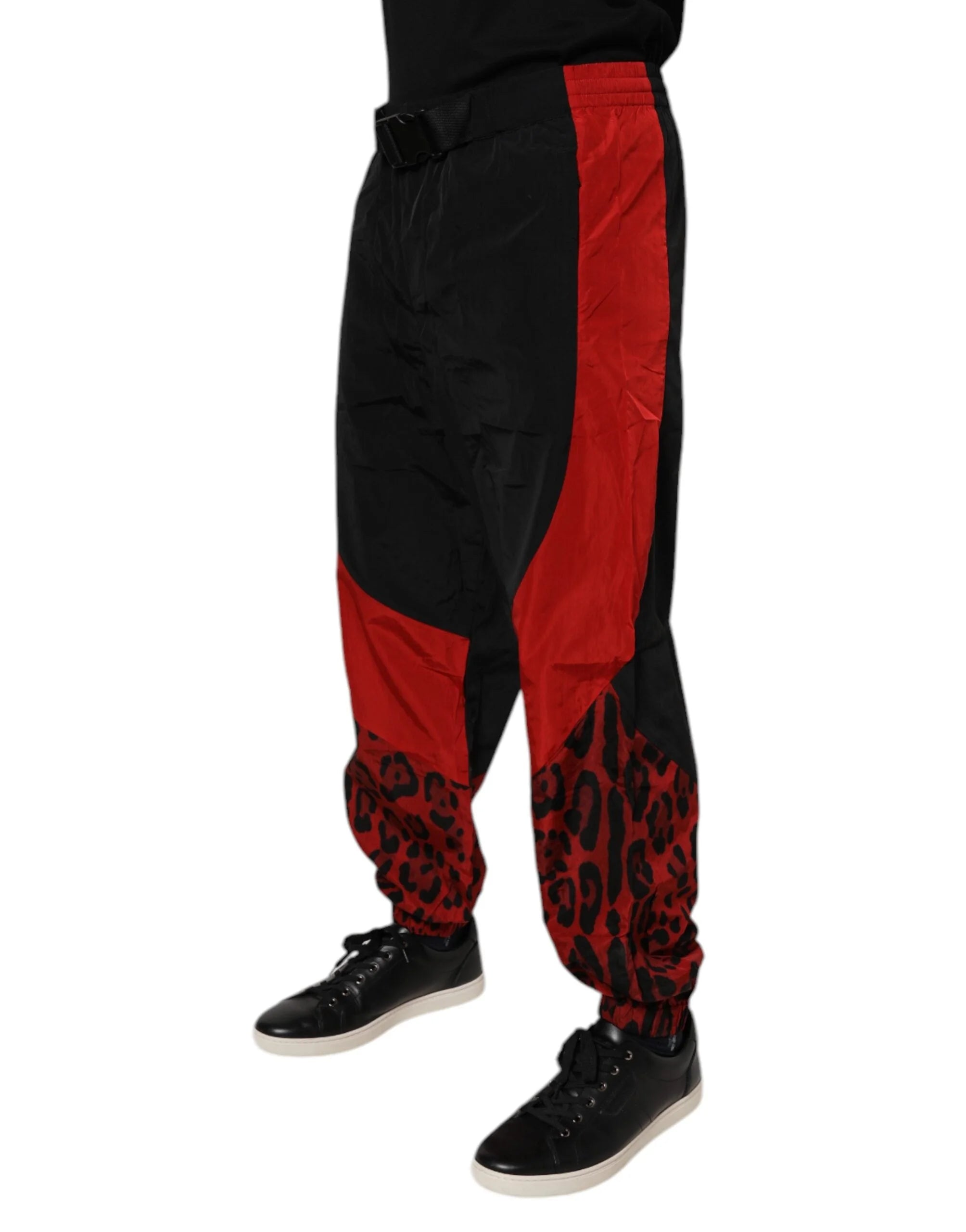 Dolce & Gabbana Black Red Leopard Print Nylon Jogger Pants - IT50 | L - Joggers
