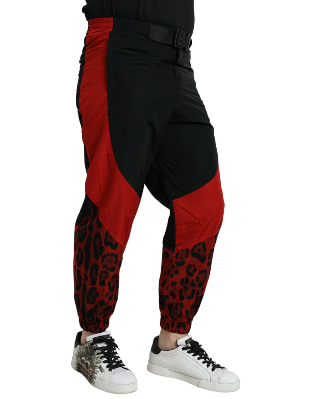 Dolce & Gabbana Black Red Leopard Print Nylon Jogger Pants - Joggers