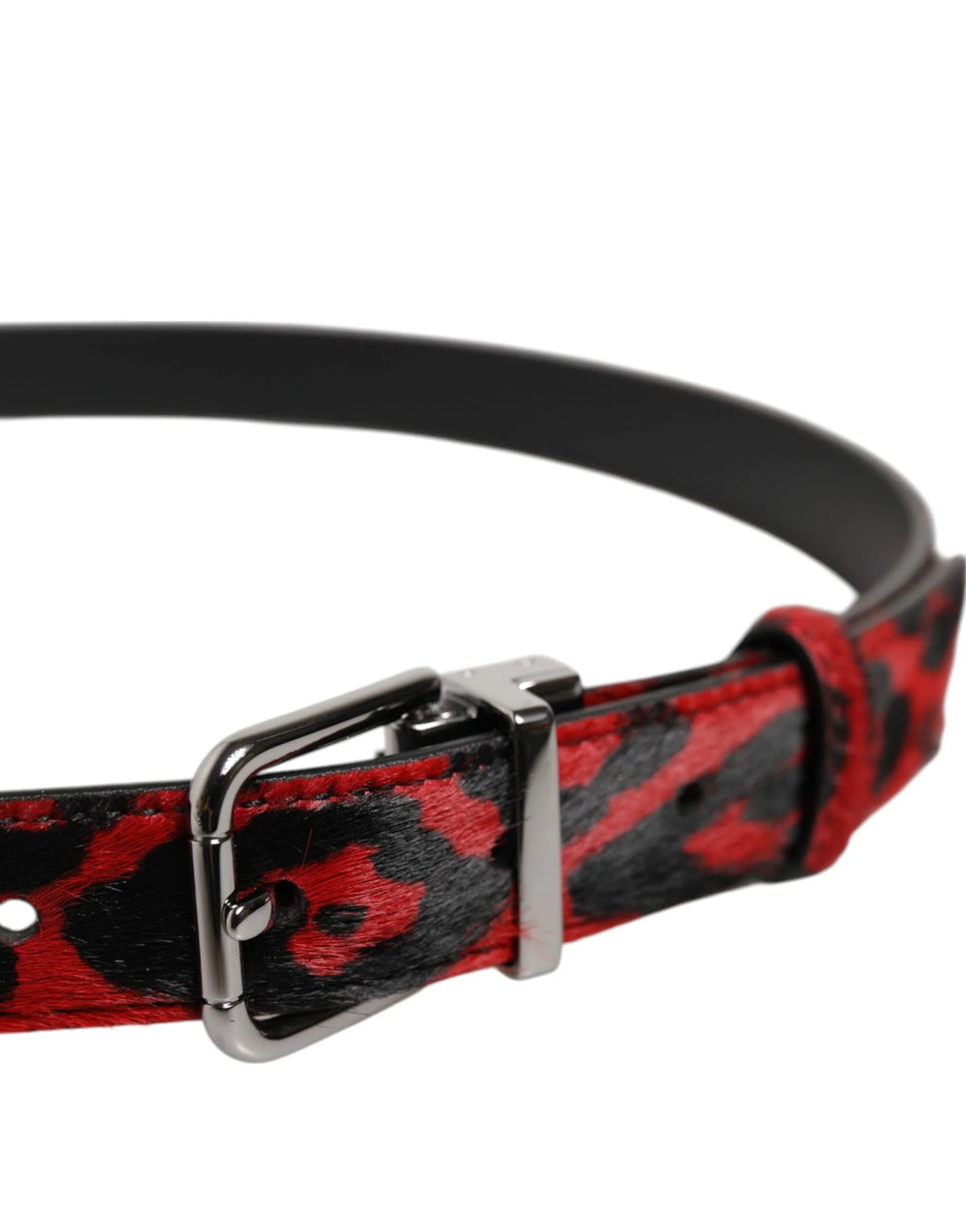 Dolce & Gabbana Black Red Leopard Silver Metal Buckle Belt - Belts