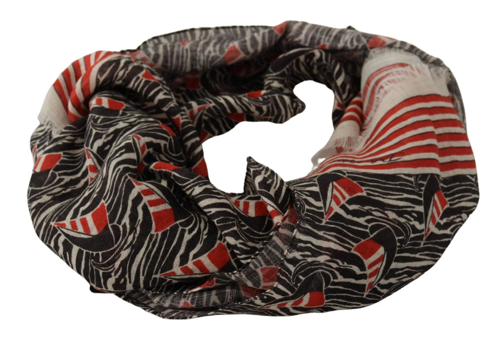 Dolce & Gabbana Black Red Linen Sailboat Stripe Print Shawl Scarf - Scarves & Shawls
