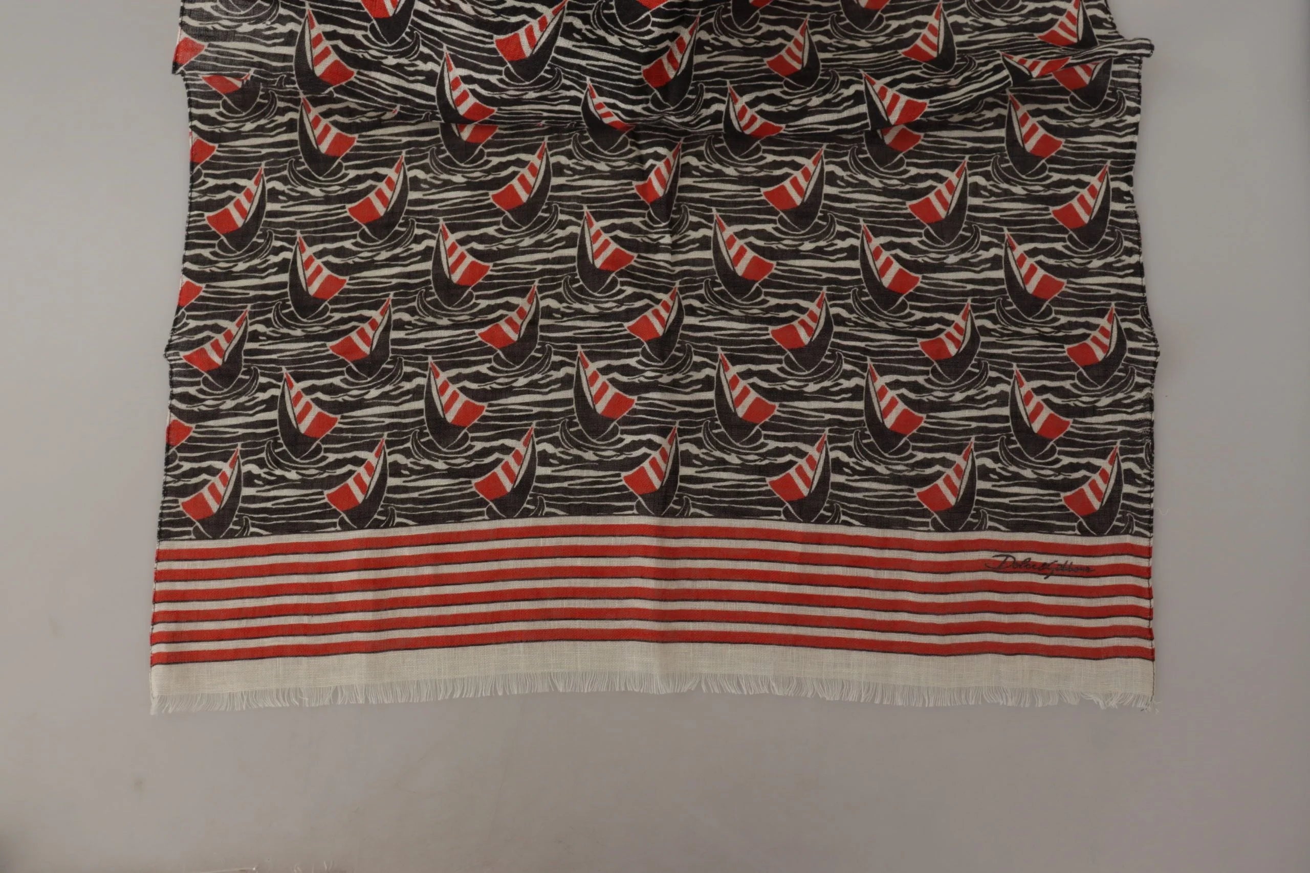 Dolce & Gabbana Black Red Linen Sailboat Stripe Print Shawl Scarf - Scarves & Shawls