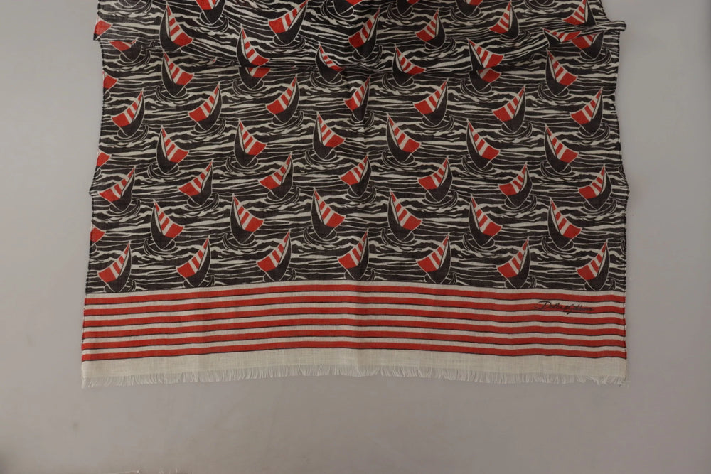 Dolce & Gabbana Black Red Linen Sailboat Stripe Print Shawl Scarf - Scarves & Shawls