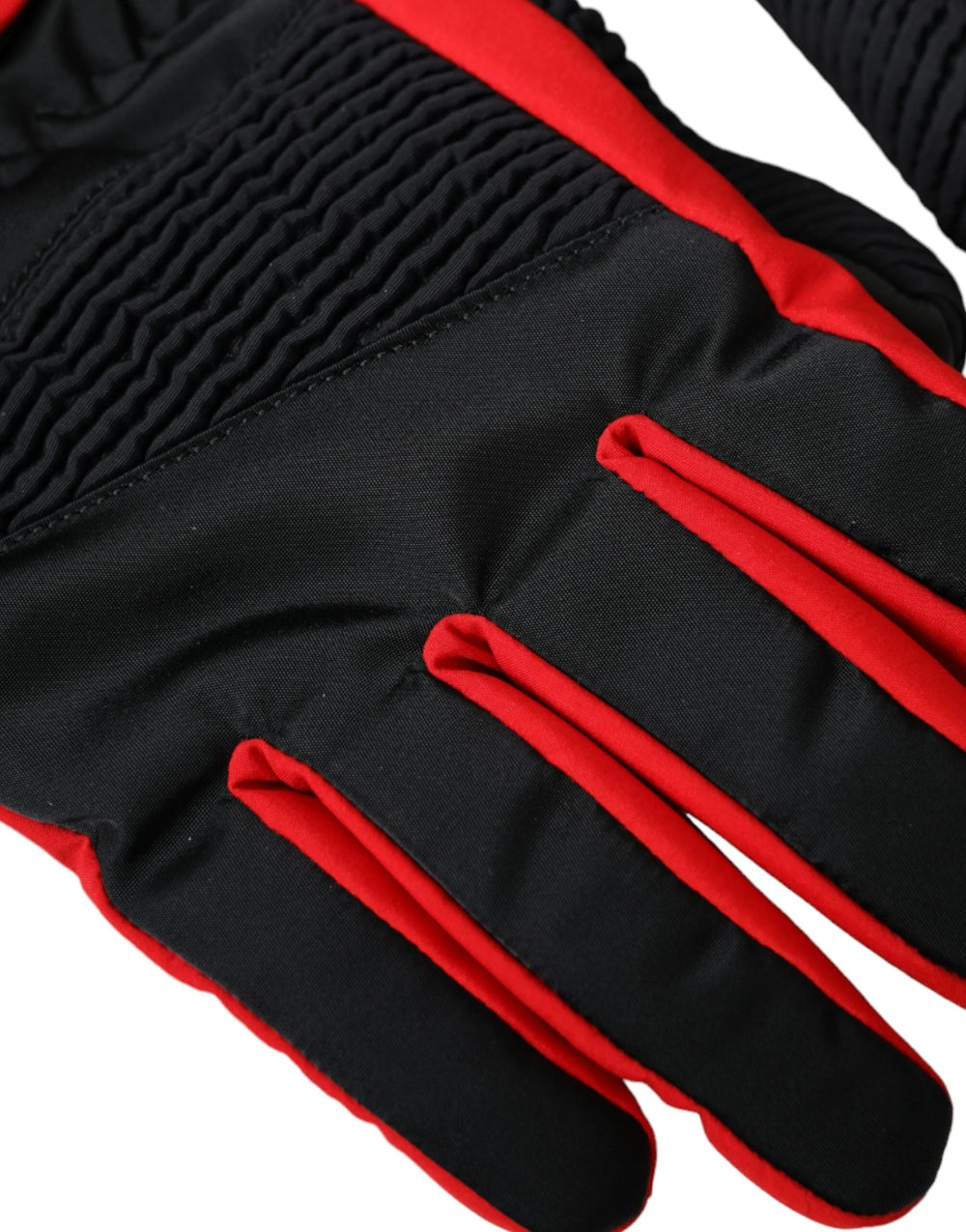 Dolce & Gabbana sorte-røde nylon handsker i håndledslængde - 7,5 | S