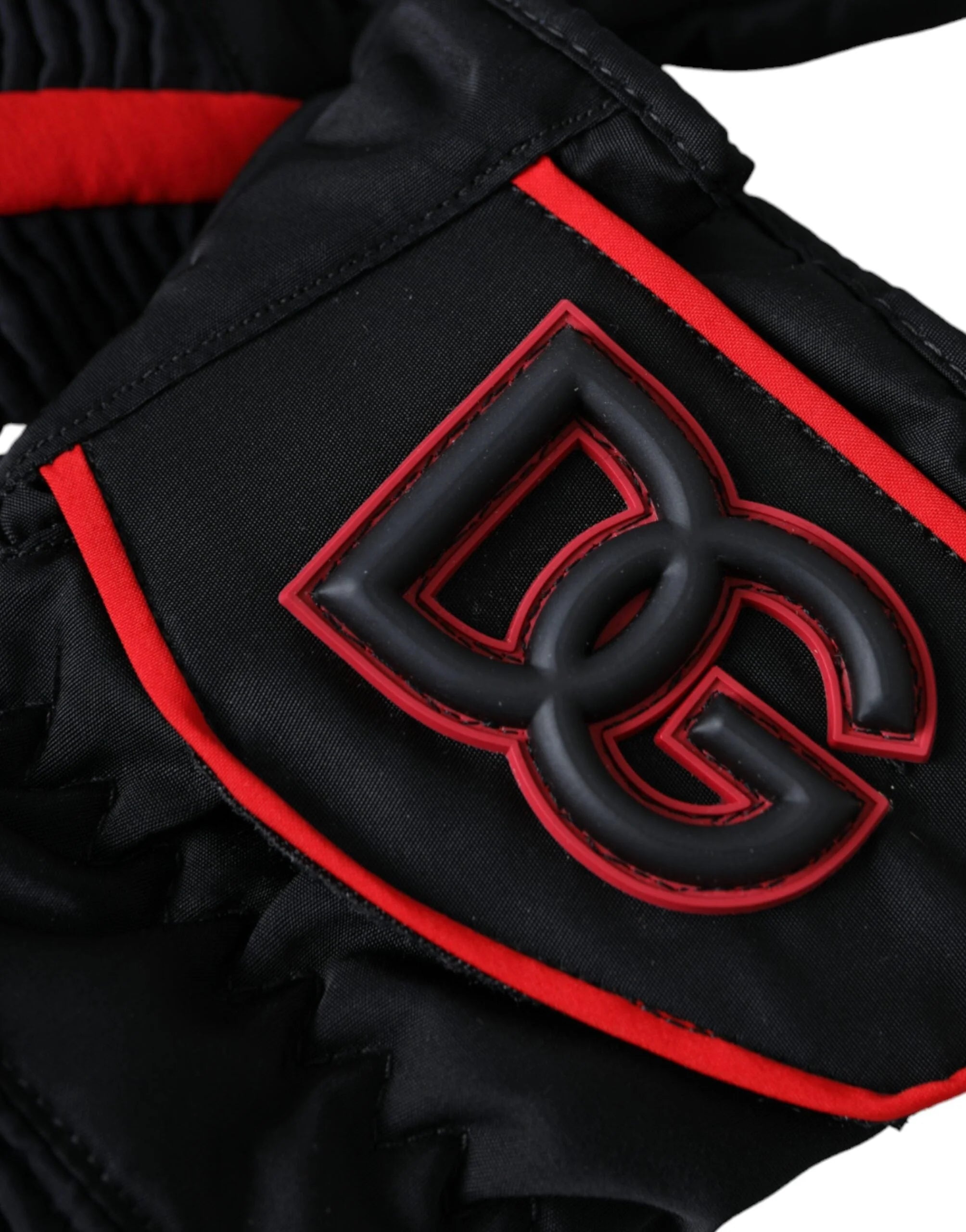 Dolce & Gabbana sorte-røde nylon handsker i håndledslængde - 7,5 | S