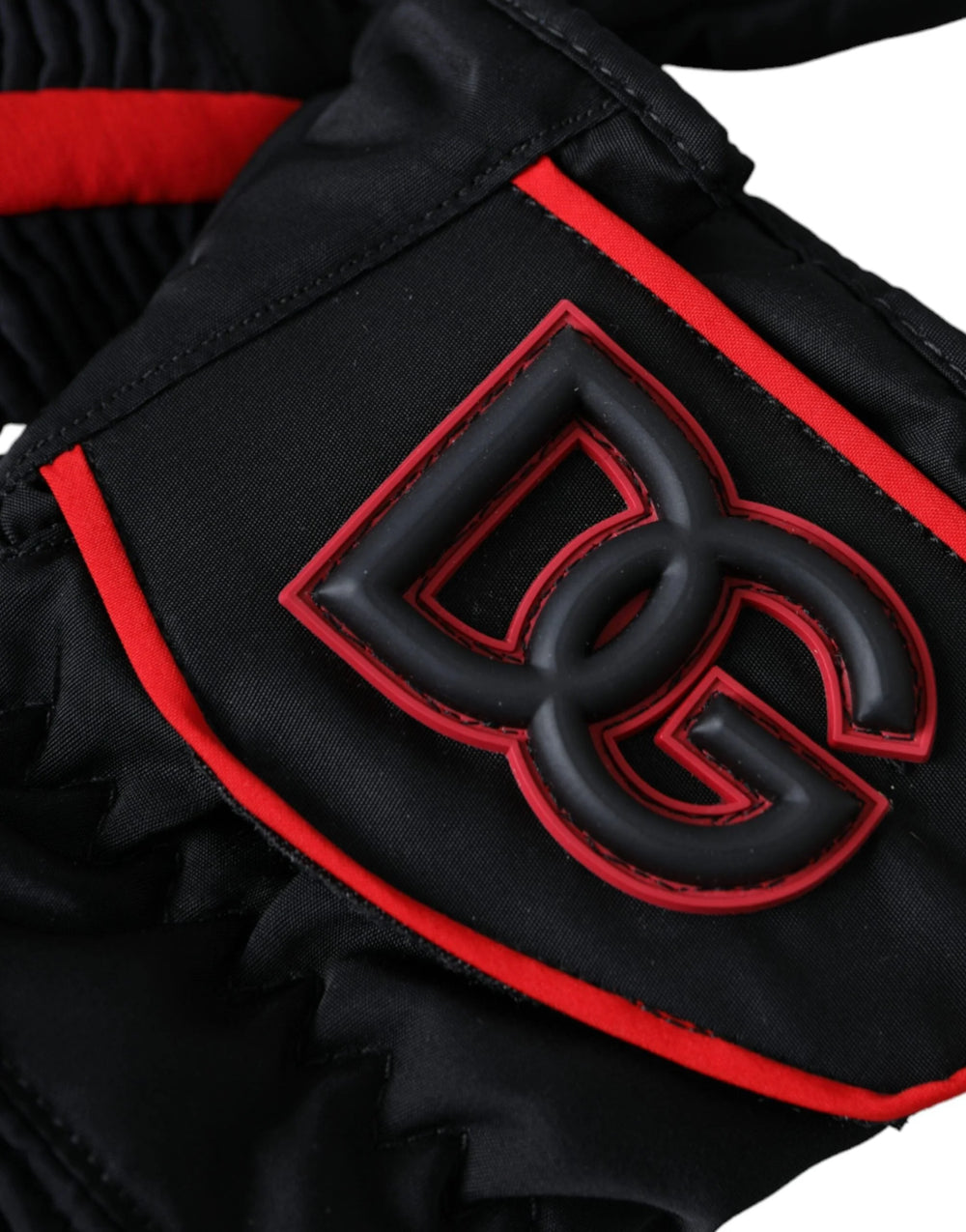 Dolce & Gabbana sorte-røde nylon handsker i håndledslængde - 7,5 | S