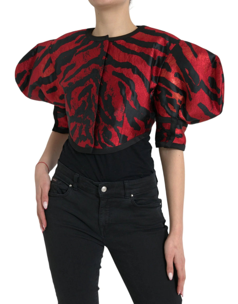 Dolce & Gabbana Black Red Patterned Cropped Coat Jacket - Sport Jackets