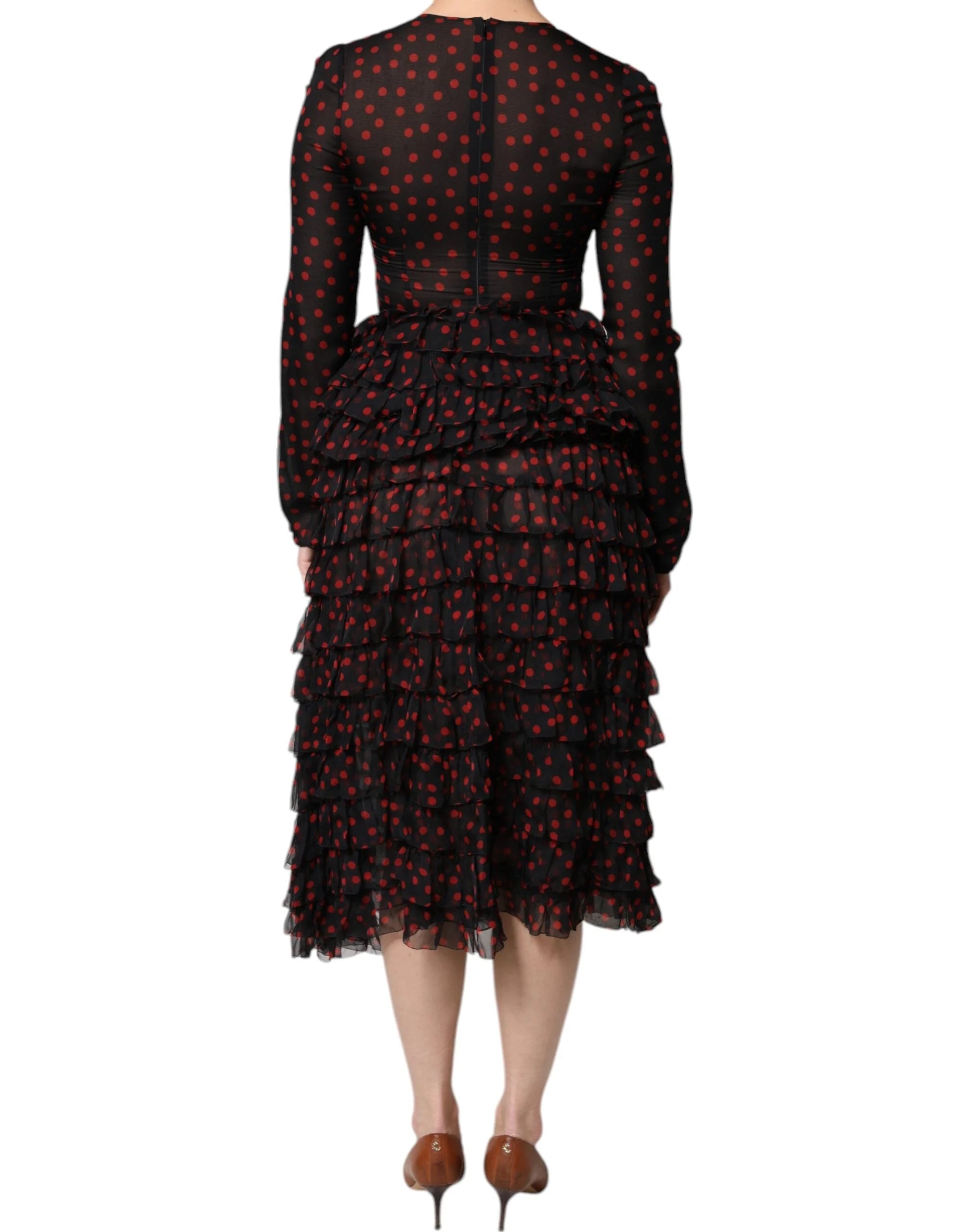 Dolce & Gabbana Black Red Polka Dot Silk Layered Midi Dress - IT40|S - Dresses