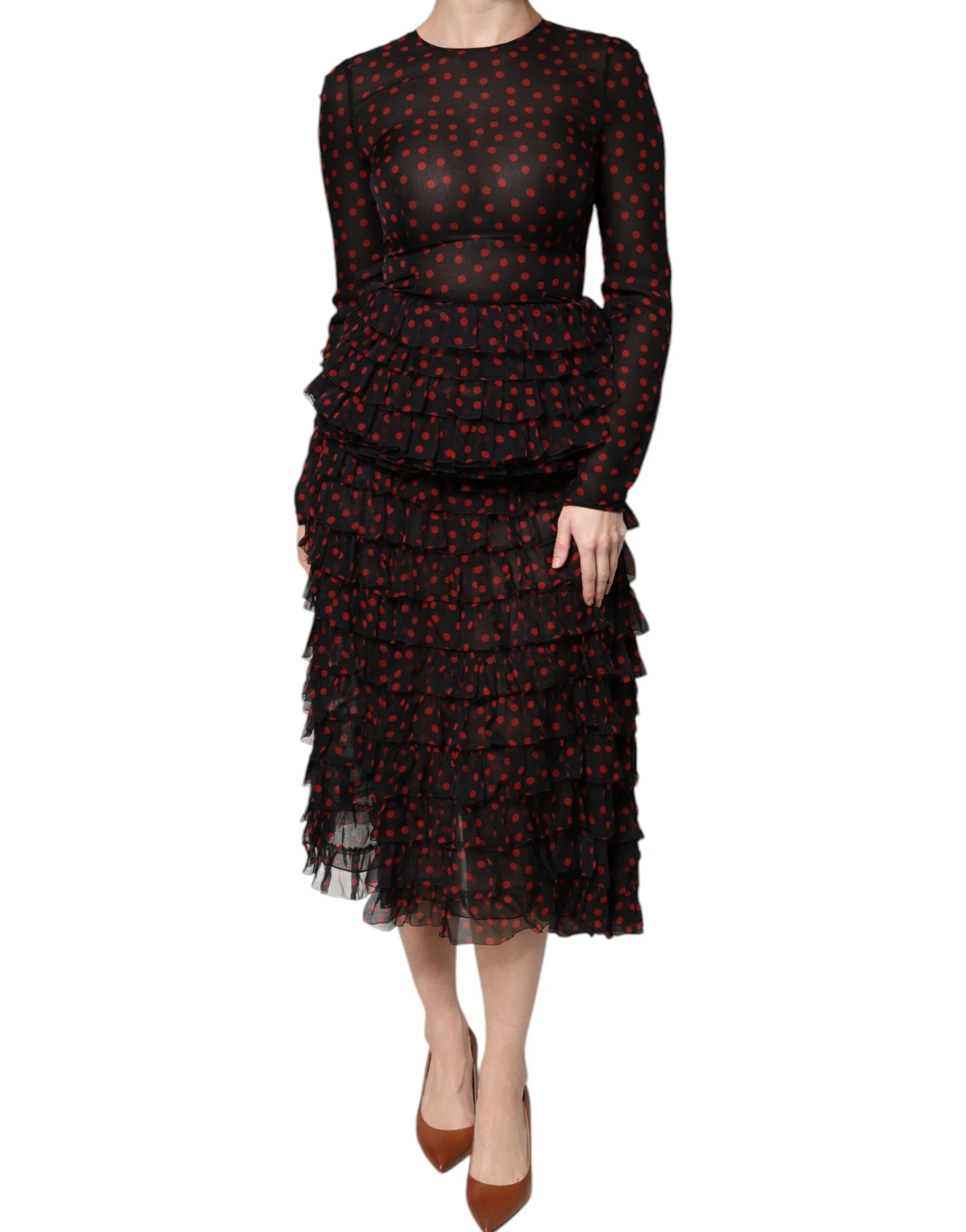 Dolce & Gabbana Black Red Polka Dot Silk Layered Midi Dress - IT40|S - Dresses