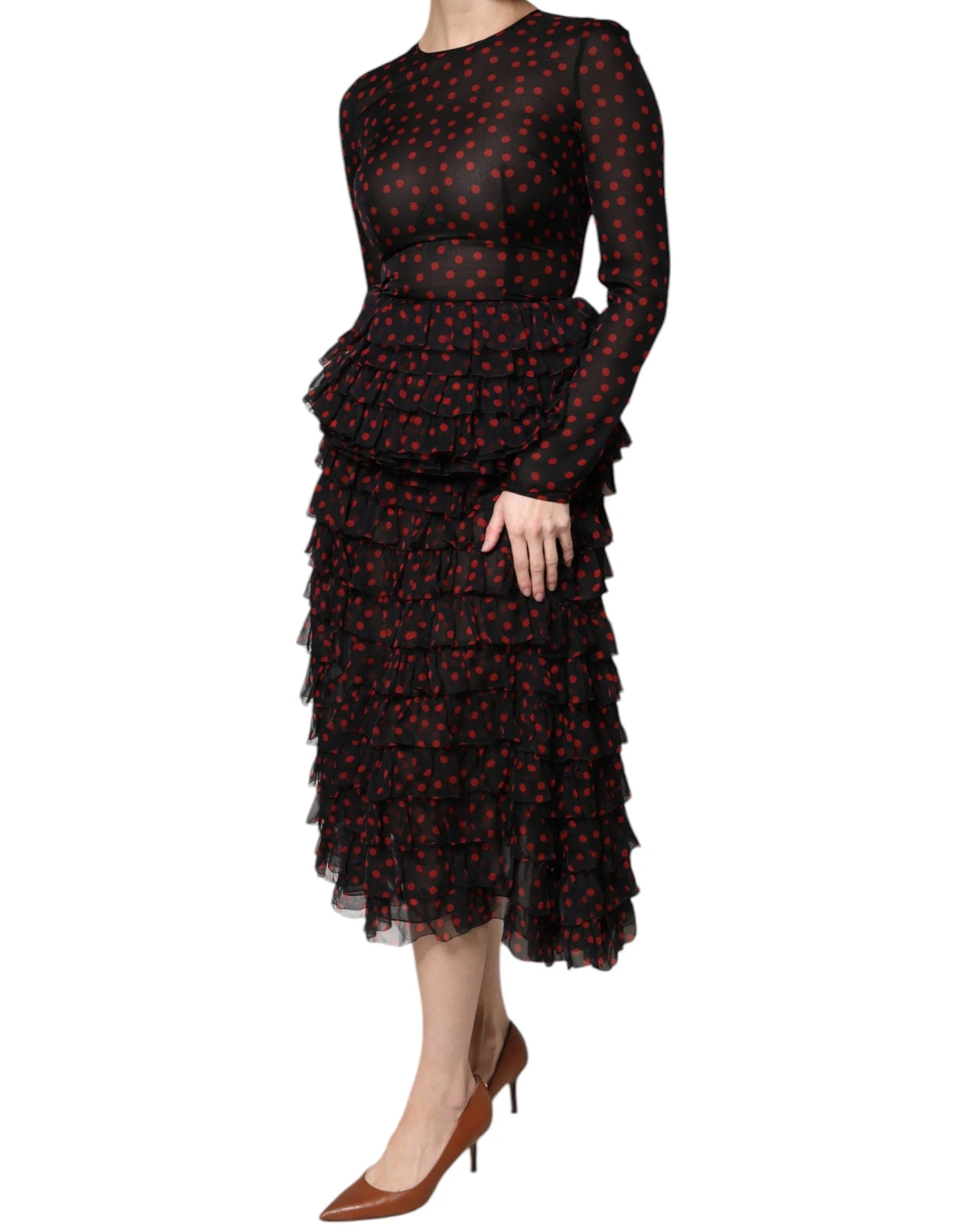 Dolce & Gabbana Black Red Polka Dot Silk Layered Midi Dress - IT40|S - Dresses