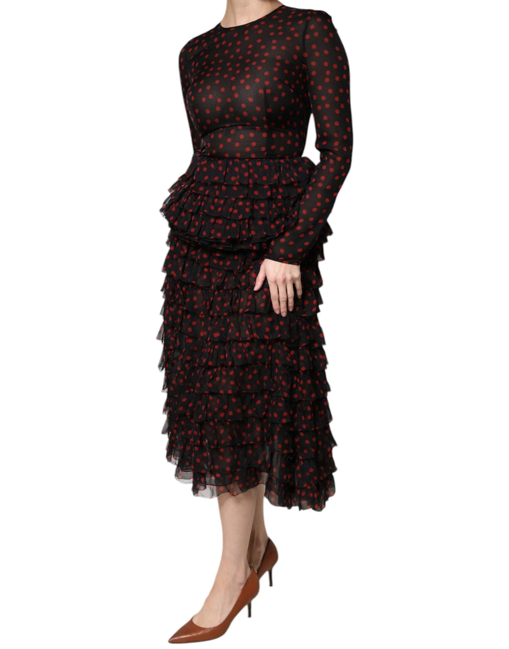 Dolce & Gabbana Black Red Polka Dot Silk Layered Midi Dress - IT40|S - Dresses