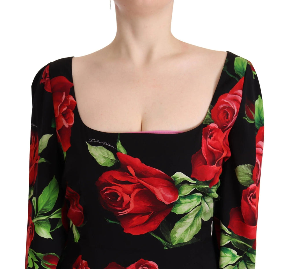 Dolce & Gabbana Black Red Roses Sheath Stretch Silk Dress - IT36 | XS - Dresses