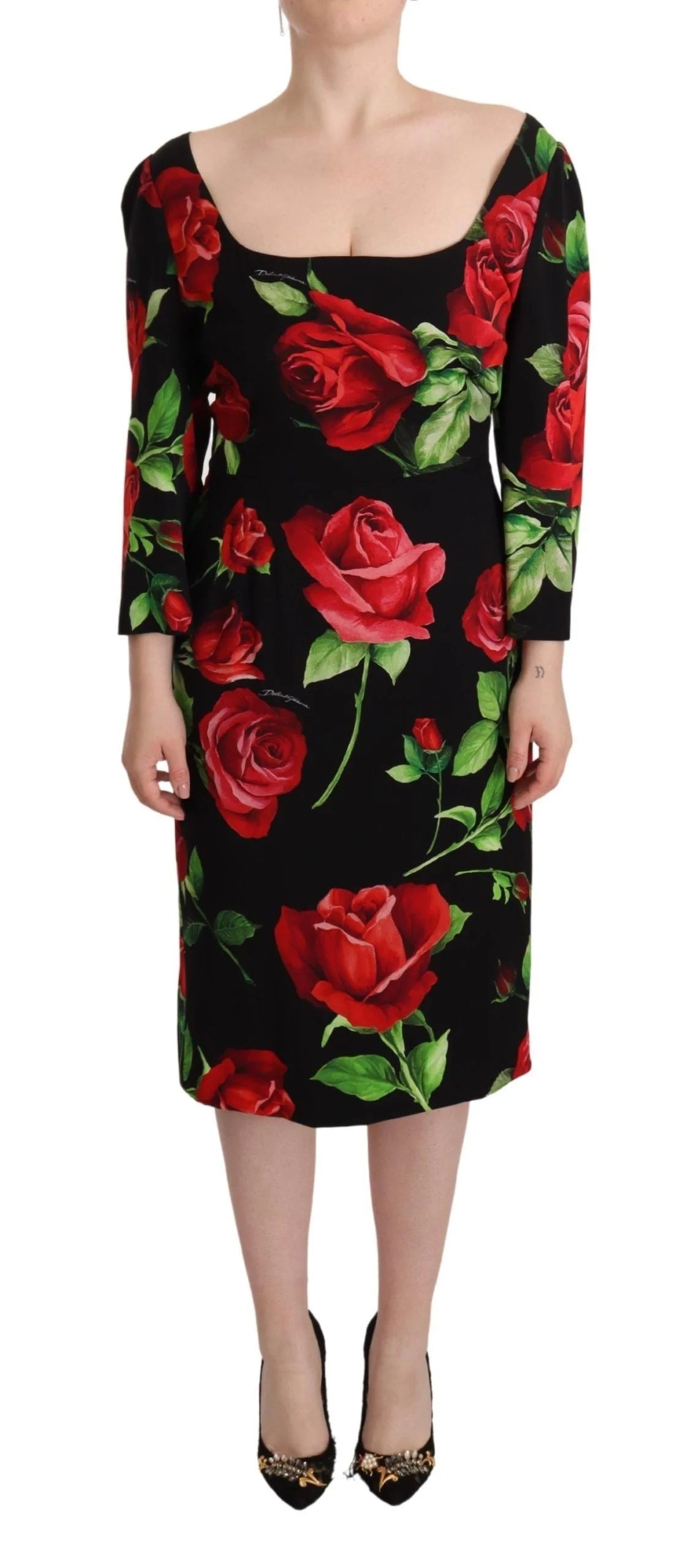 Dolce & Gabbana Black Red Roses Sheath Stretch Silk Dress - IT36 | XS - Dresses