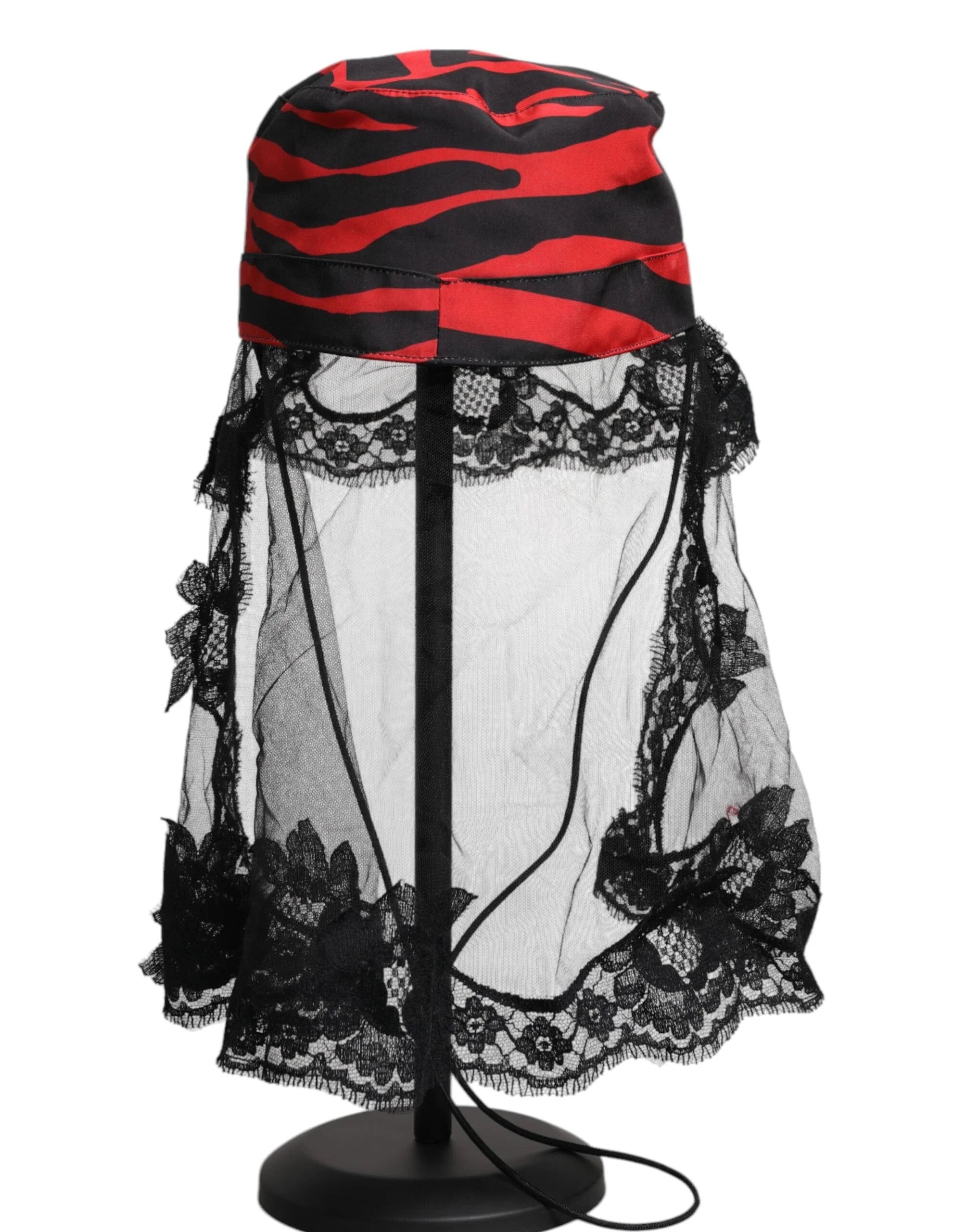 Dolce & Gabbana Black Red Stripes Lace Tulle Bucket Hat - 57 cm|S