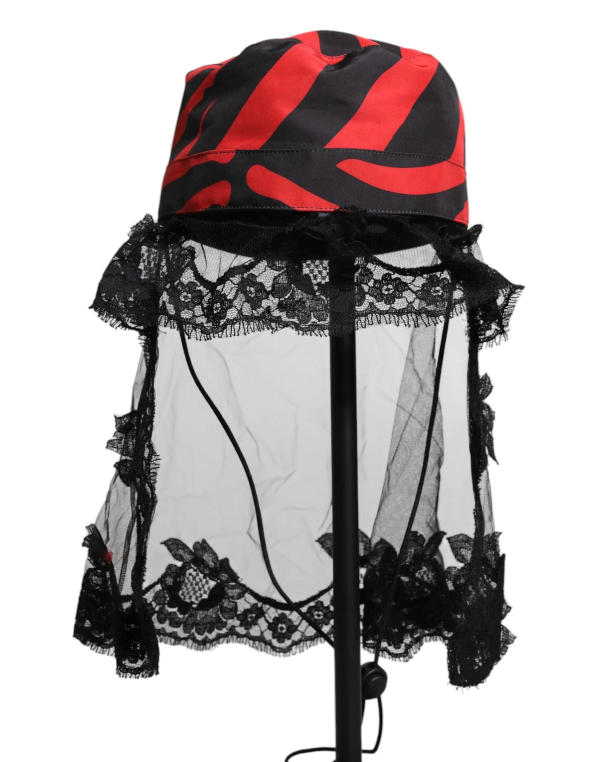 Dolce & Gabbana Black Red Stripes Lace Tulle Bucket Hat - 57 cm|S - Bucket Hats