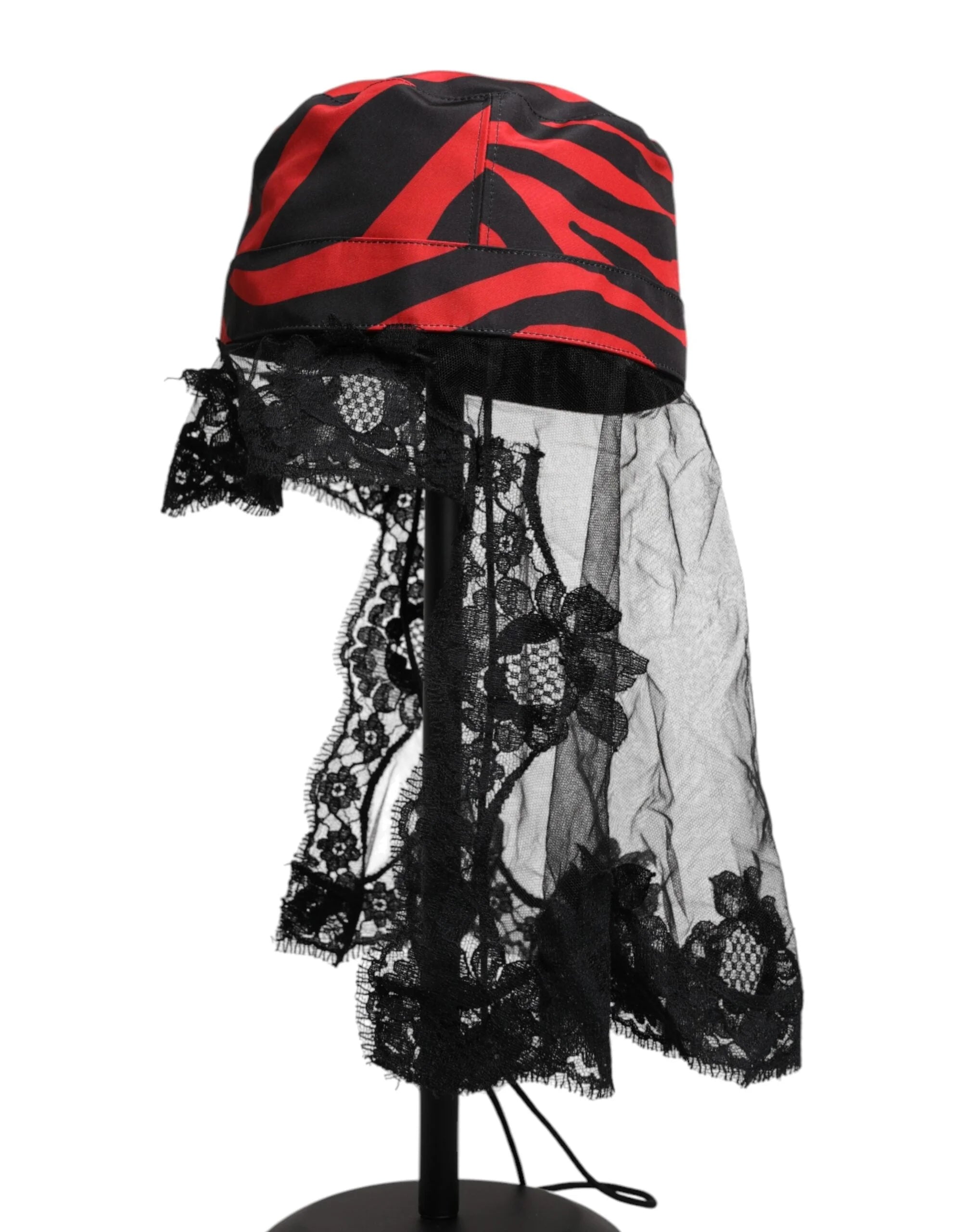 Dolce & Gabbana Black Red Stripes Lace Tulle Bucket Hat - 57 cm|S - Bucket Hats