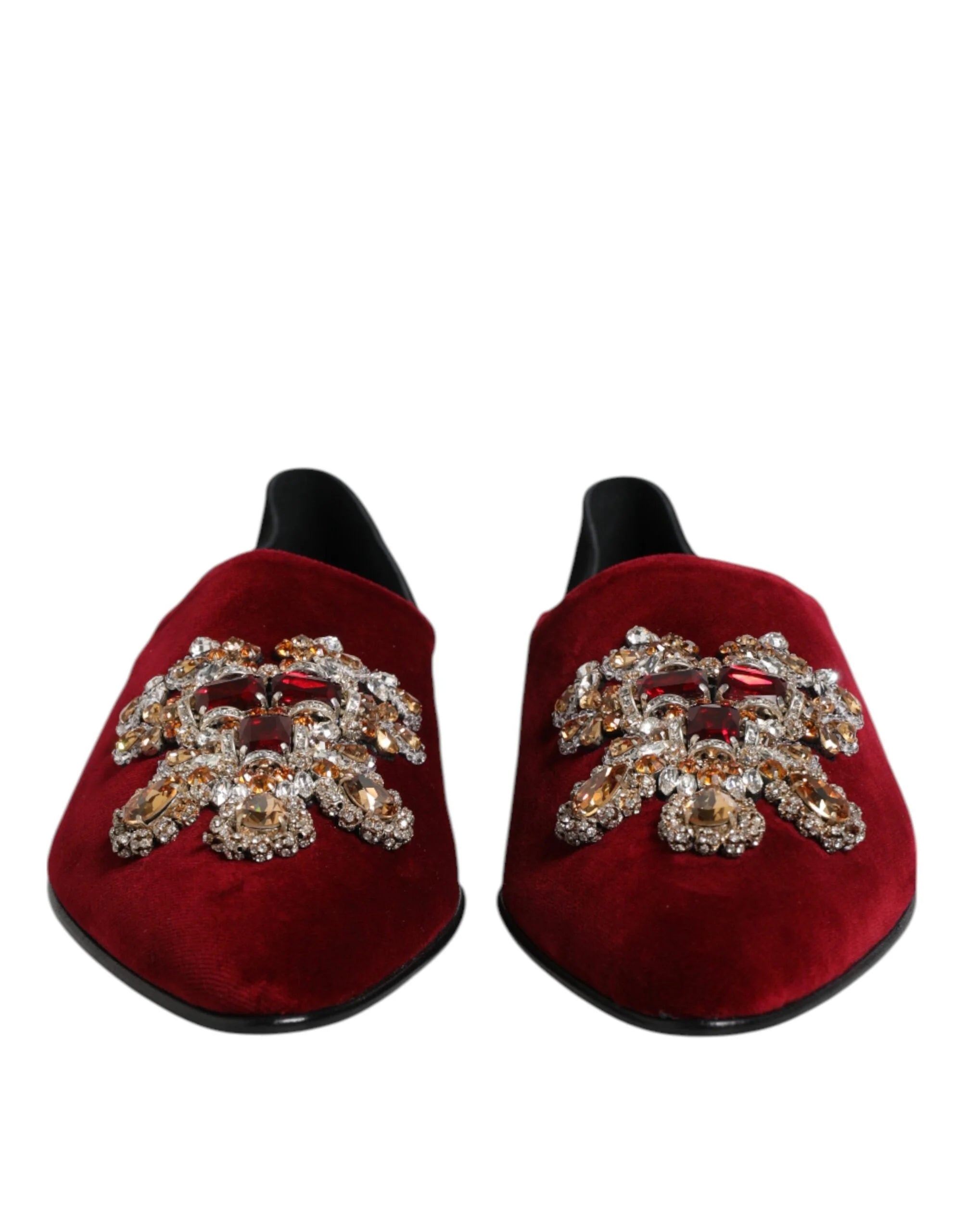 Dolce & Gabbana Black Red Velvet Embellished Slip On Shoes - EU45/US12