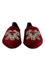 Dolce & Gabbana Black Red Velvet Embellished Slip On Shoes - EU45/US12